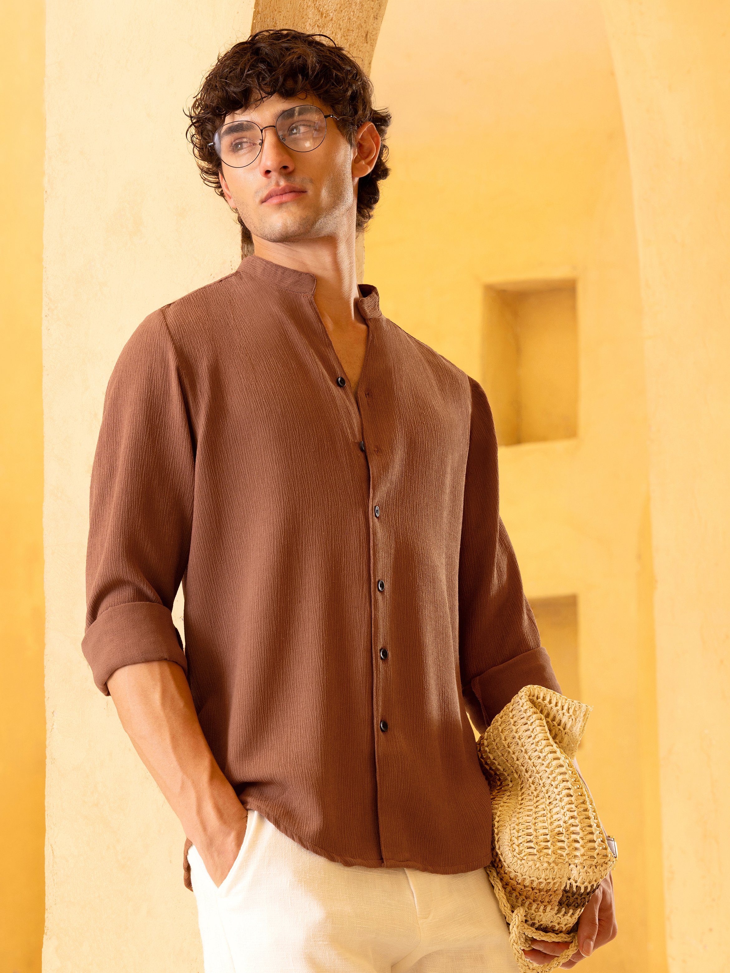 Brown Solid Long Sleeves Regular Shirt