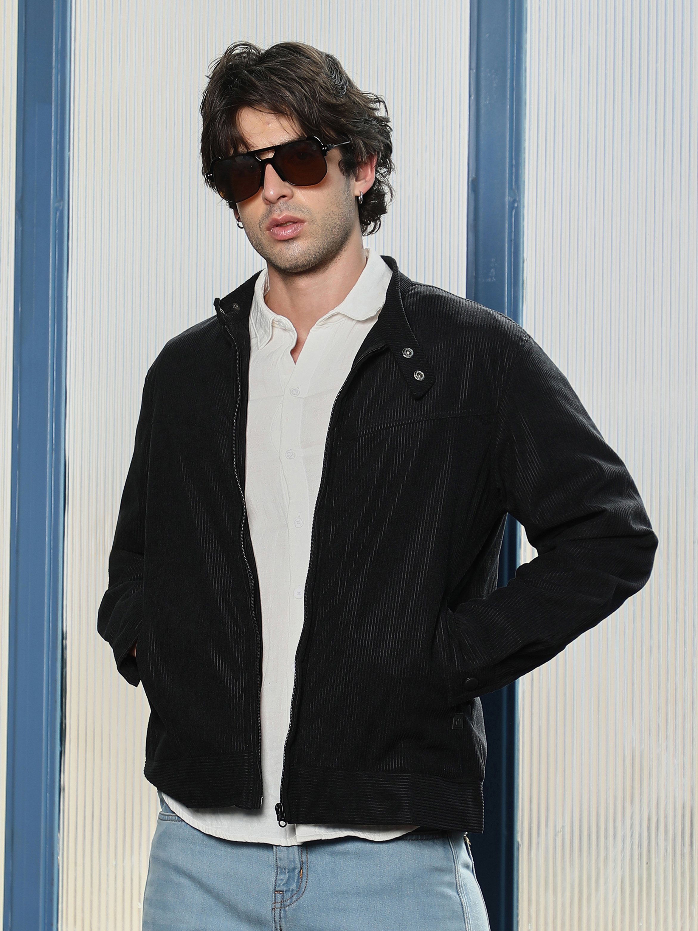 Black Solid Regular Corduroy Jacket with Long Sleeves