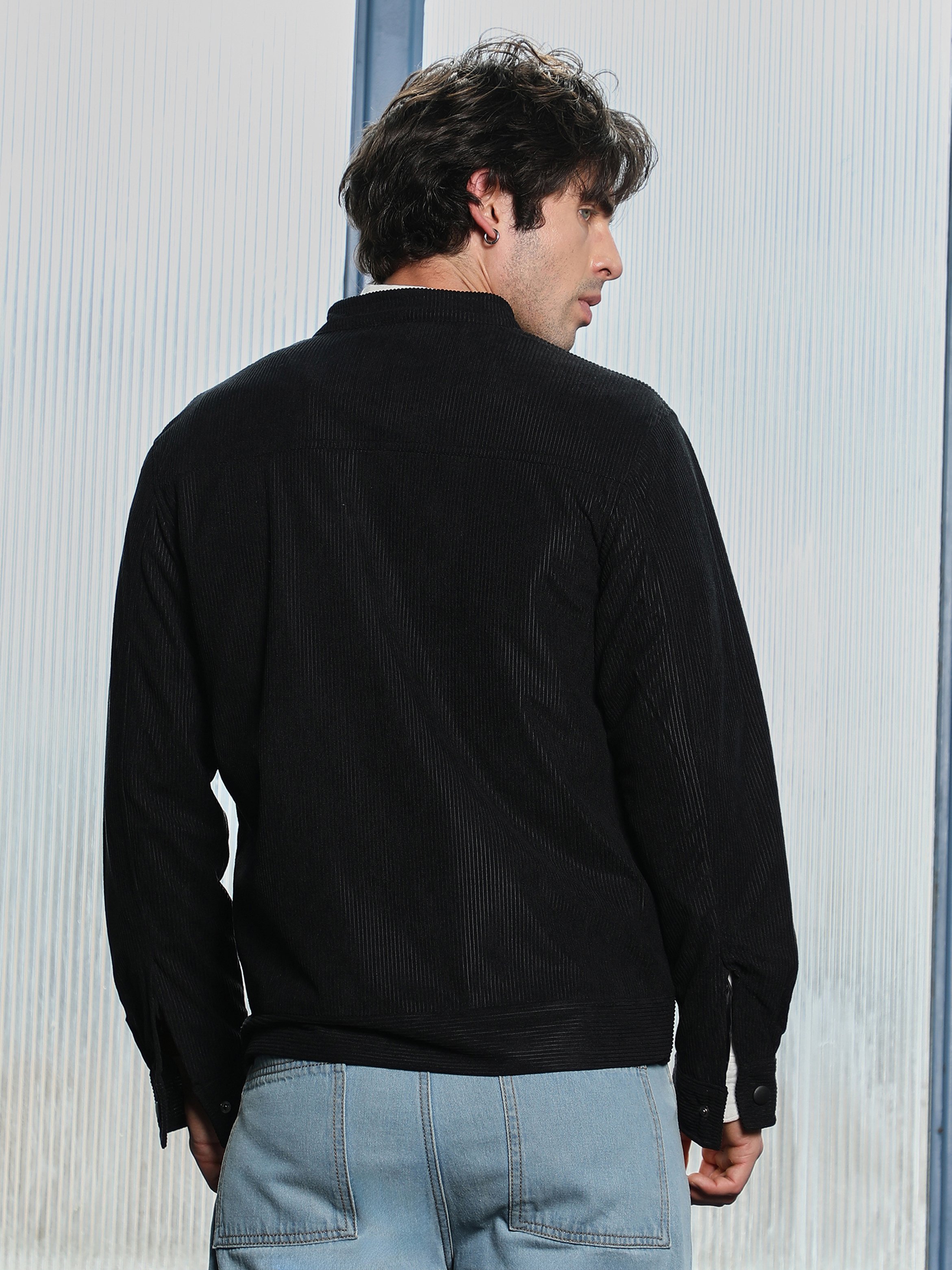 Black Solid Regular Corduroy Jacket with Long Sleeves