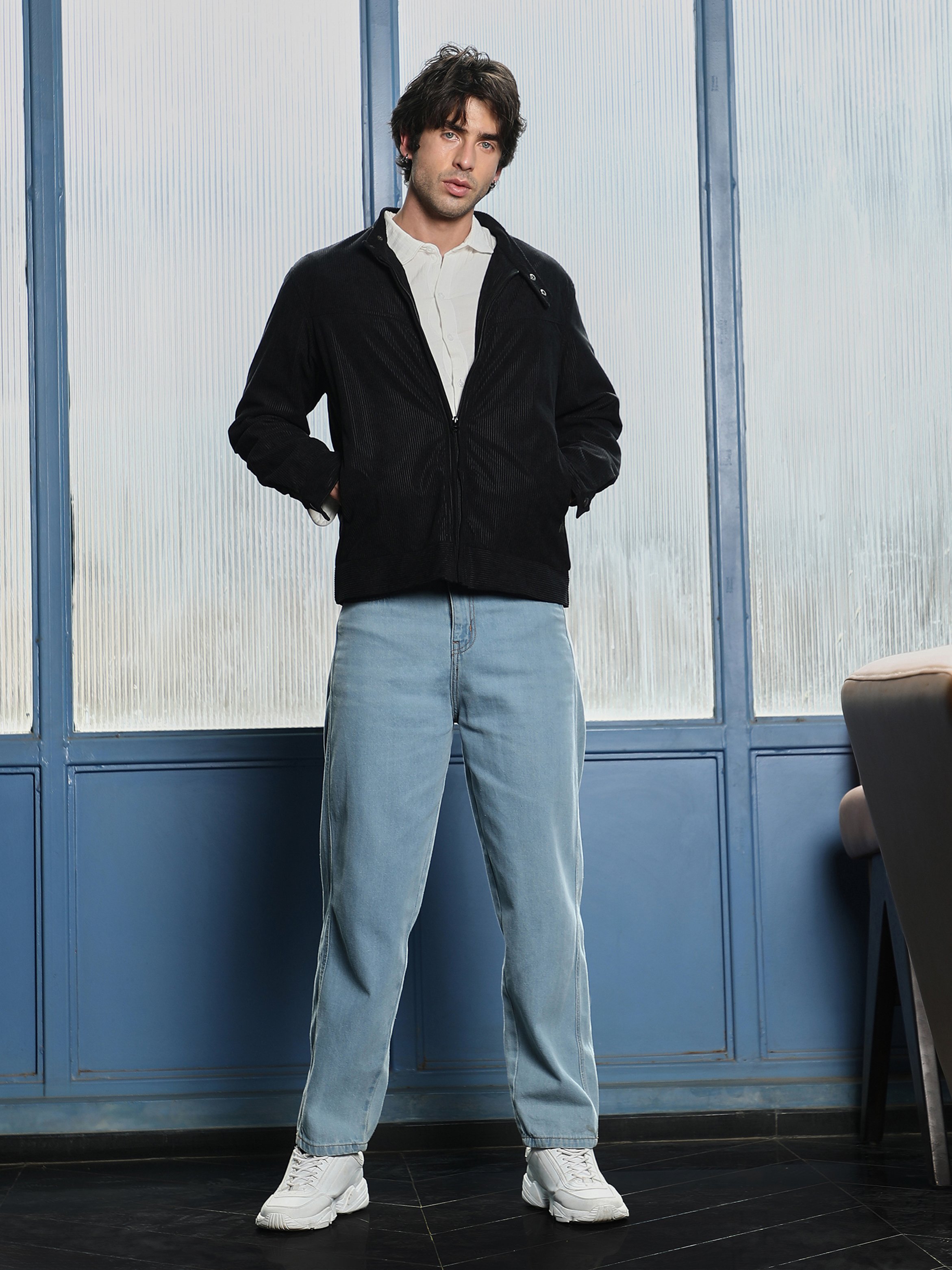 Black Solid Regular Corduroy Jacket with Long Sleeves
