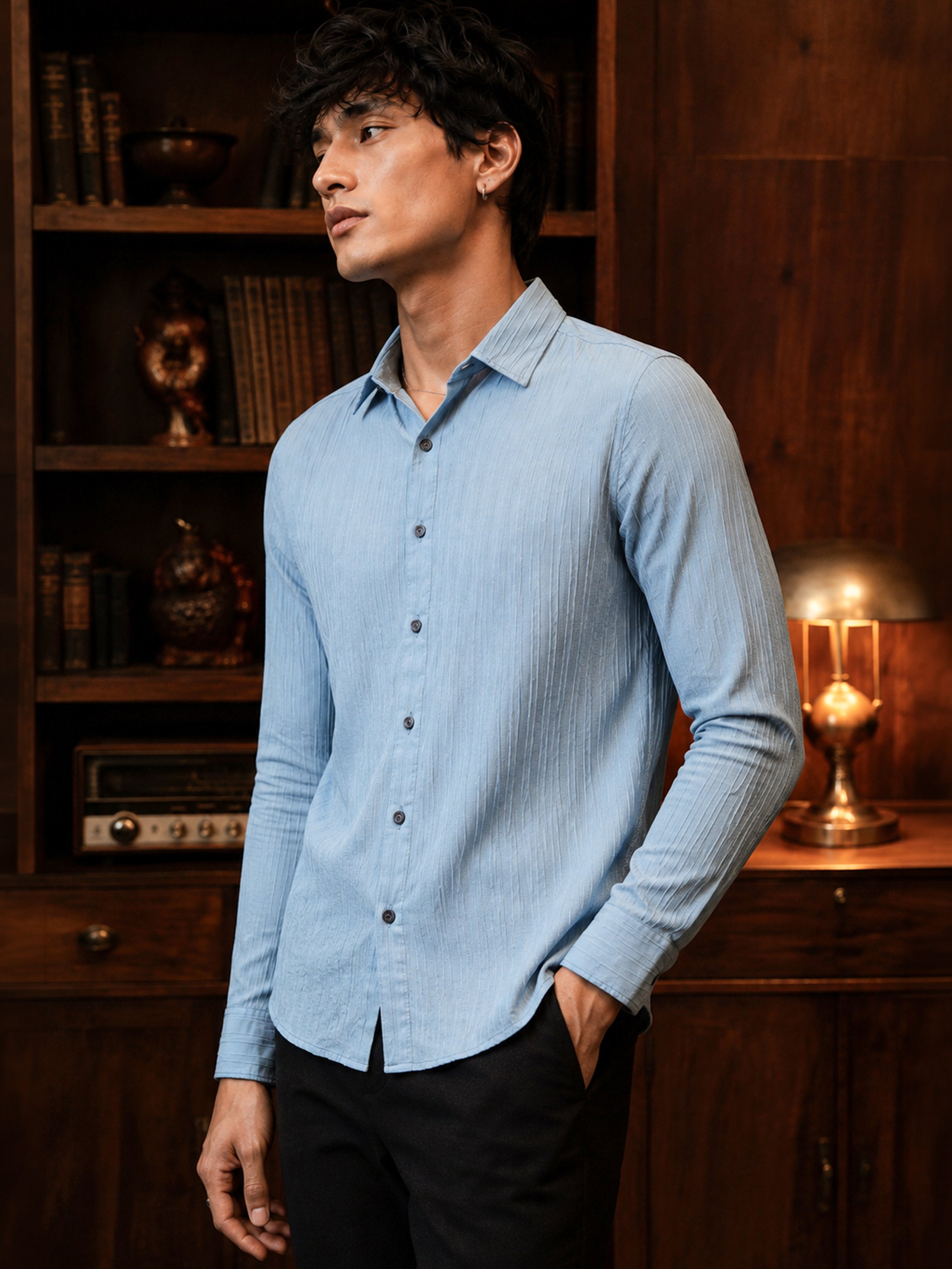 Light Blue Texture Long Sleeves Shirt