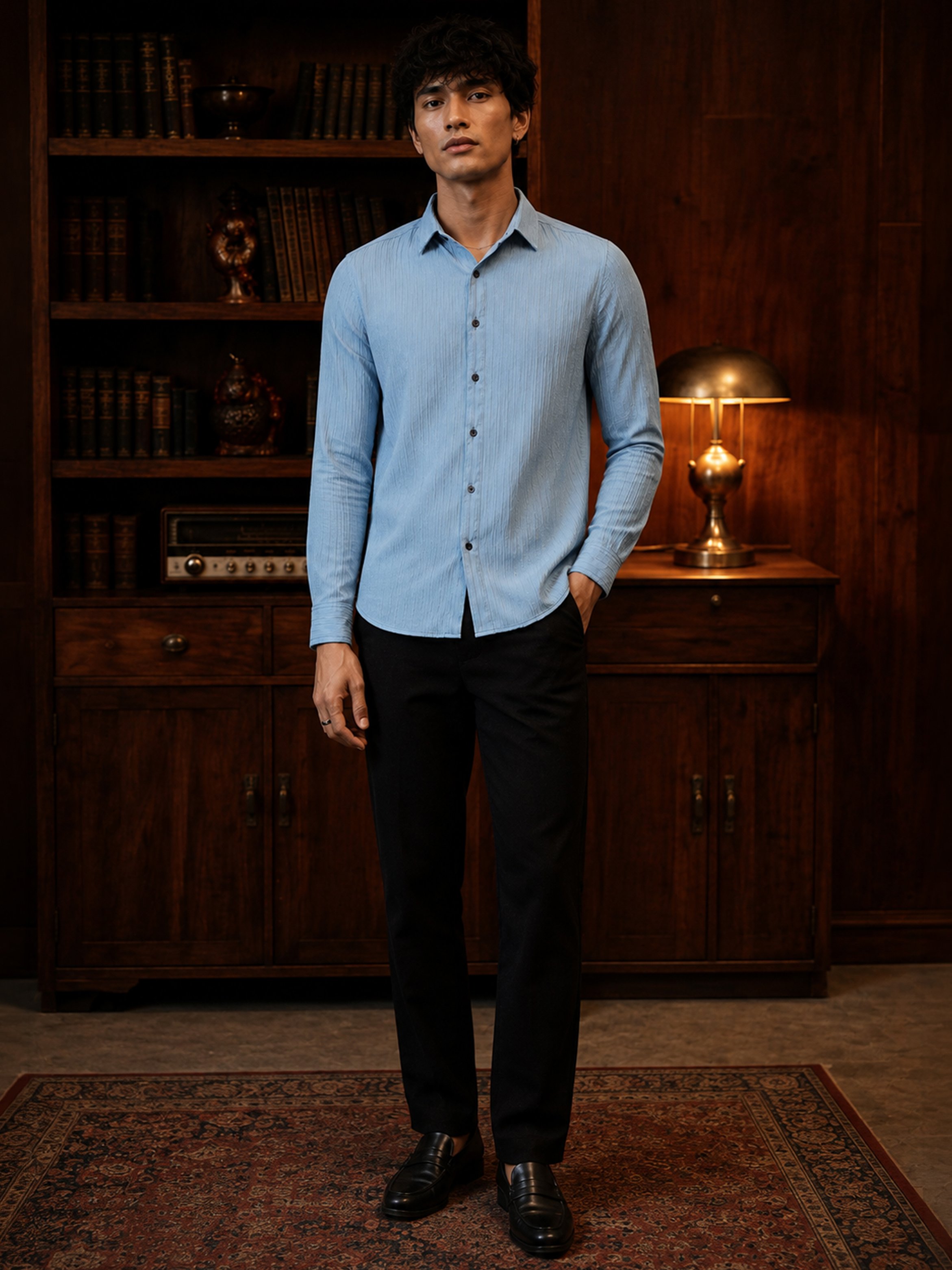 Light Blue Texture Long Sleeves Shirt