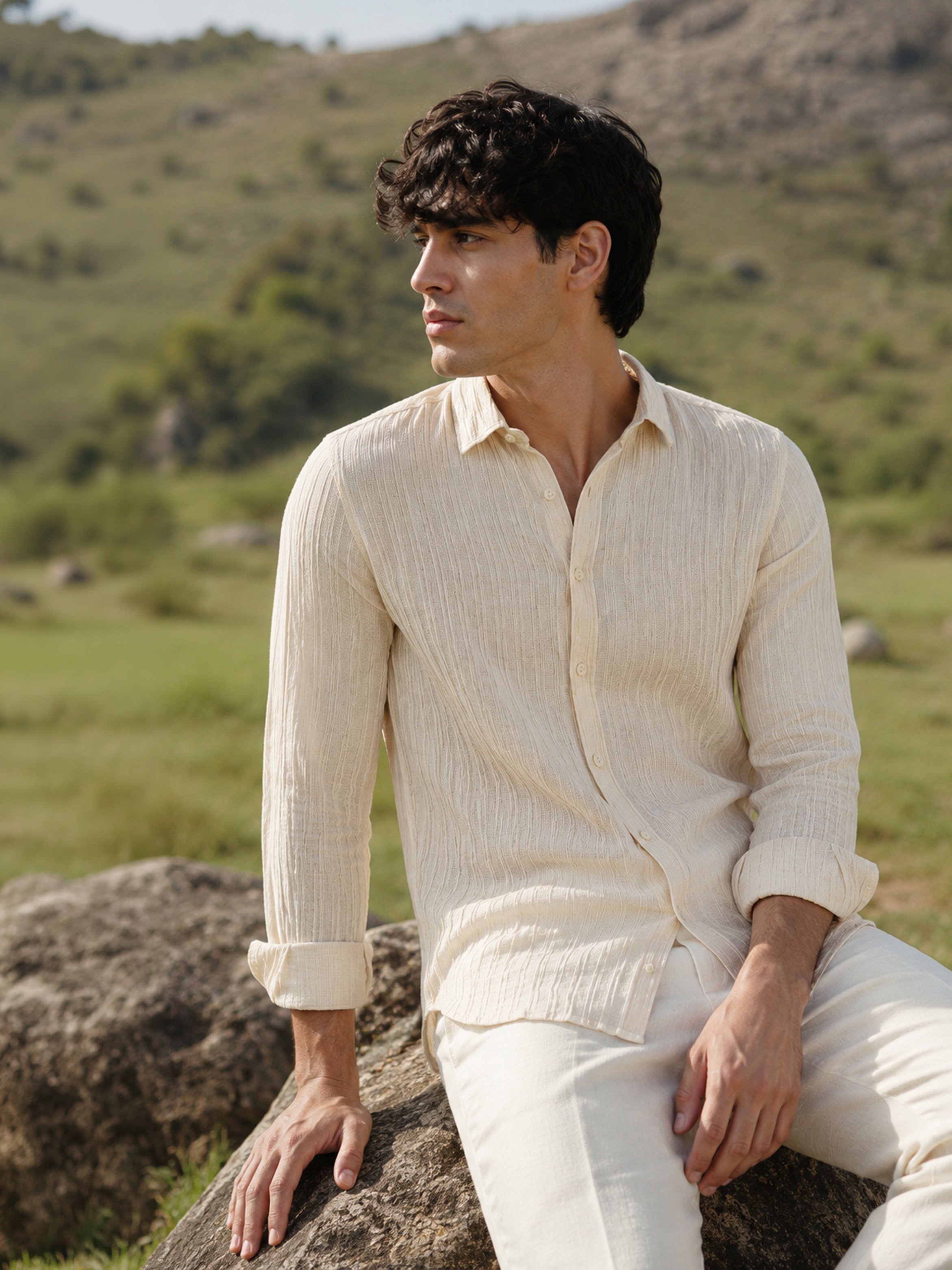 Cream Textured Long Sleeves Regular Shirt