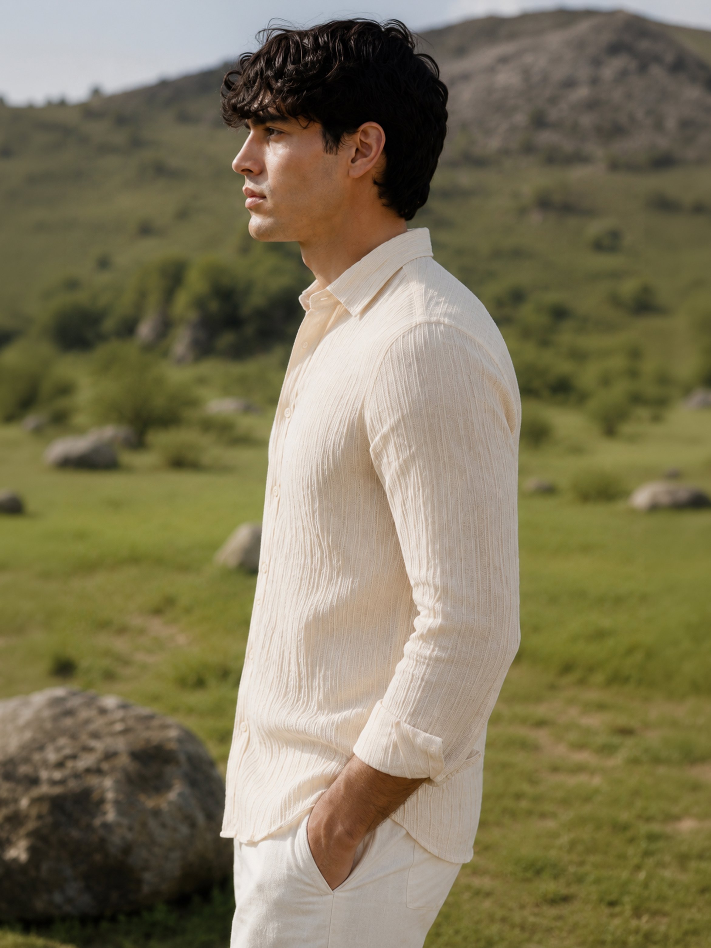 Cream Textured Long Sleeves Regular Shirt