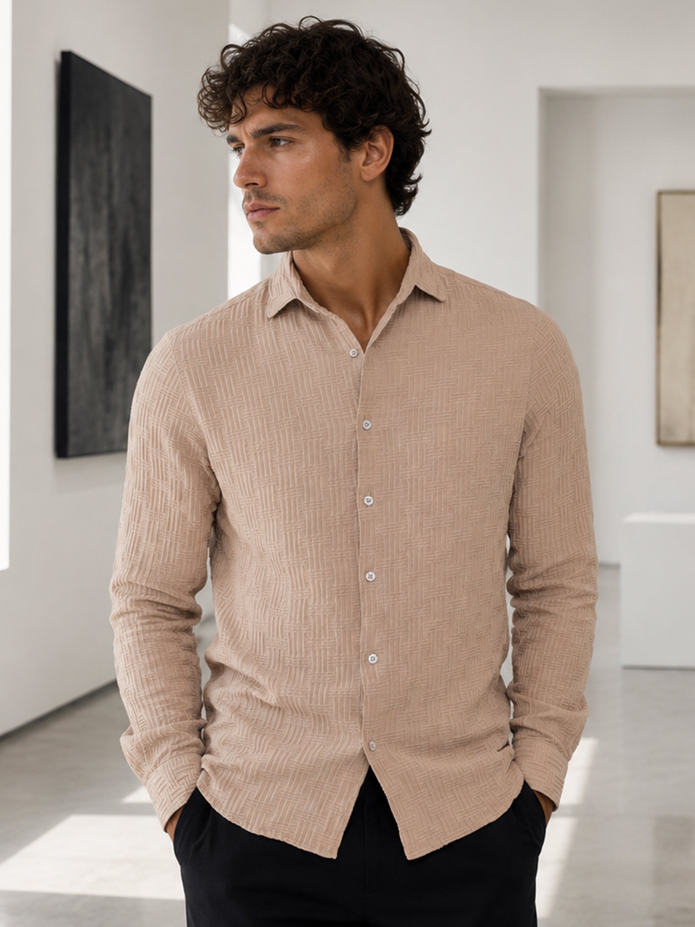 Beige Texture Long Sleeves Regular Shirt
