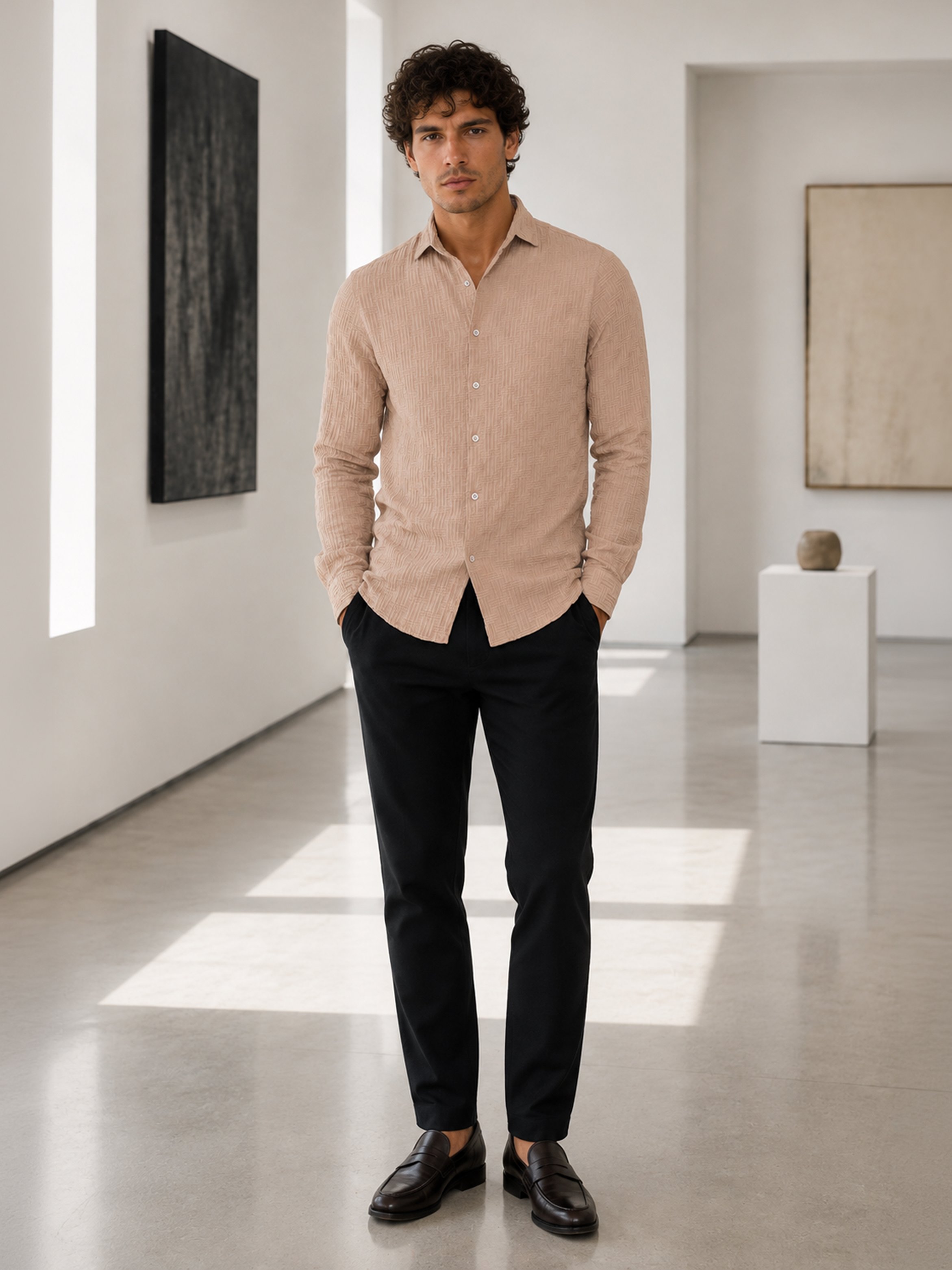 Beige Texture Long Sleeves Regular Shirt