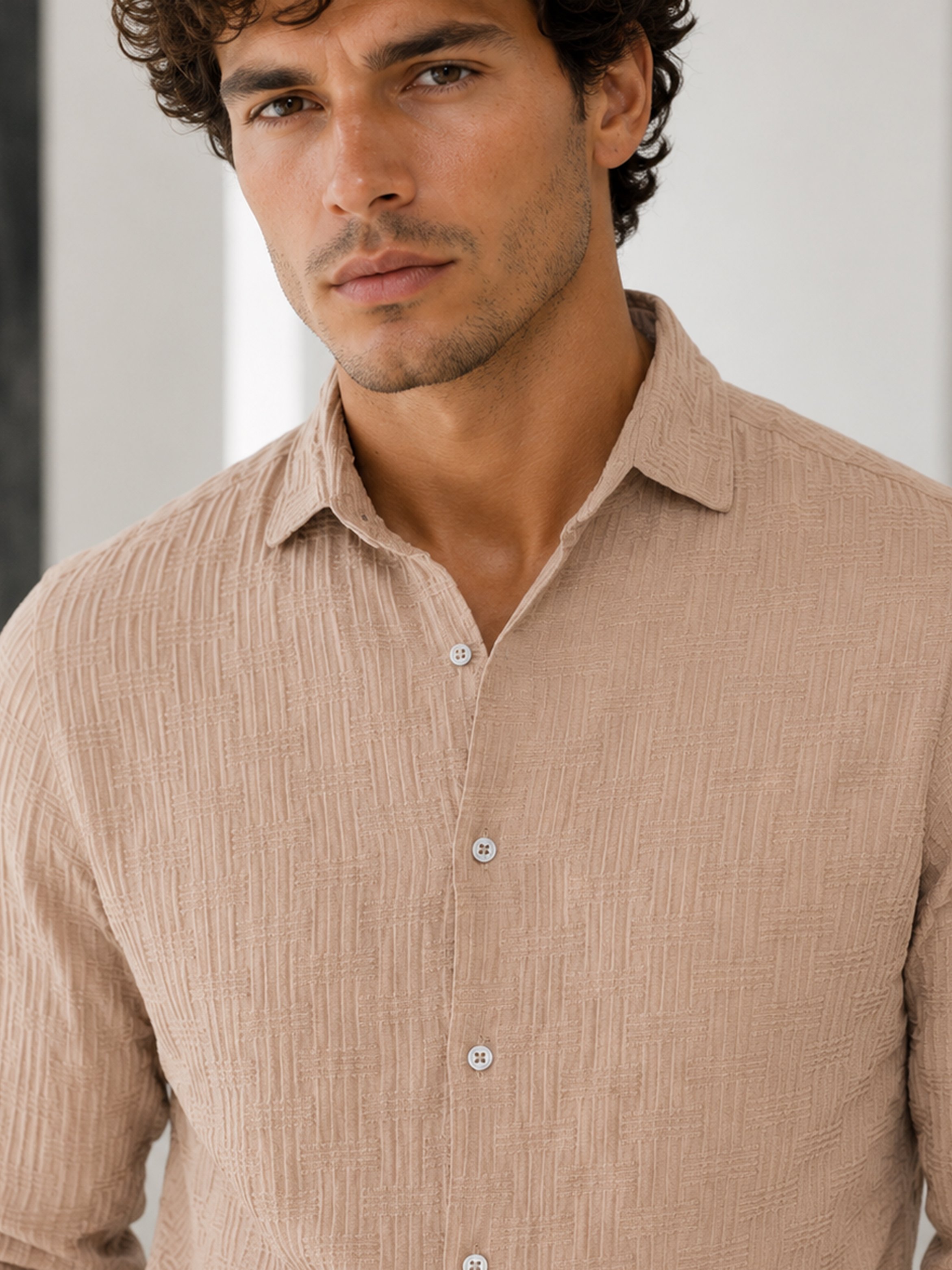 Beige Texture Long Sleeves Regular Shirt