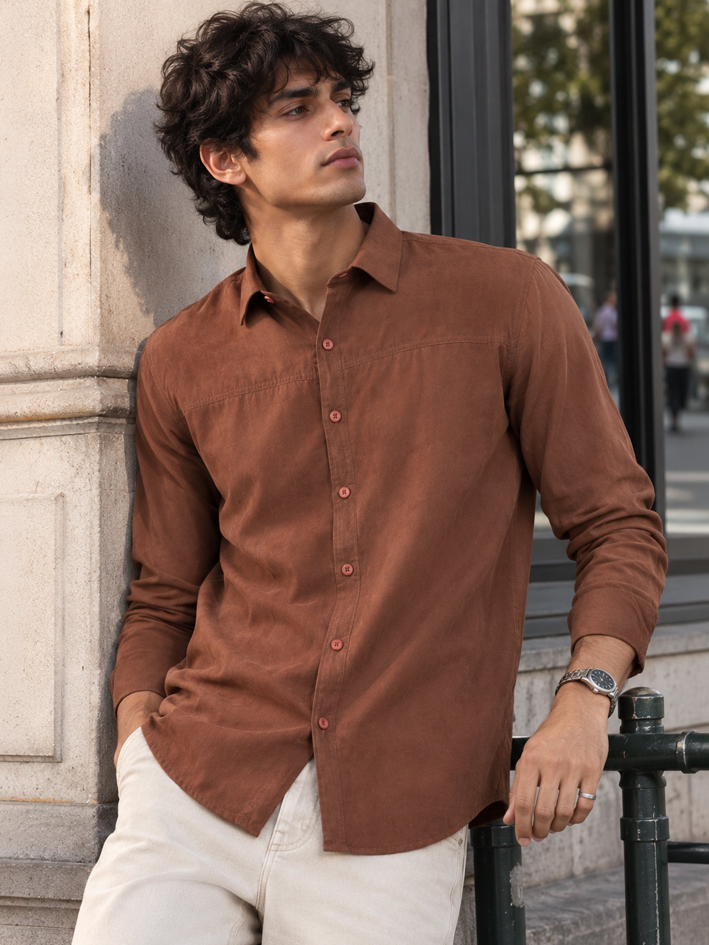 Brown Solid Long Sleeves Regular Shirt