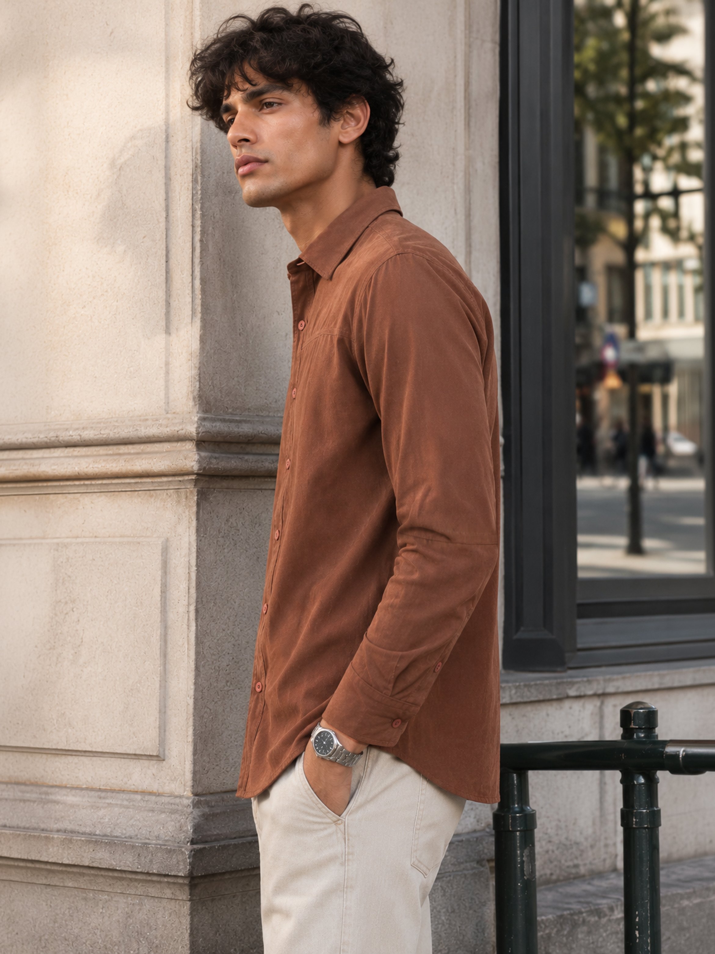 Brown Solid Long Sleeves Regular Shirt