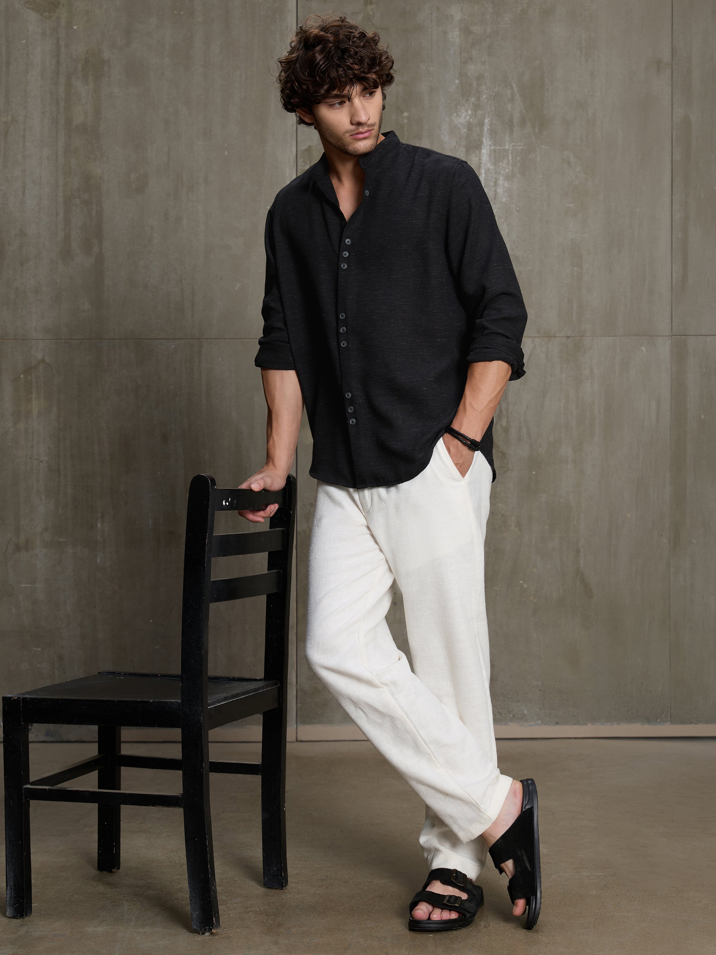 Black Solid Long Sleeves Regular Shirt