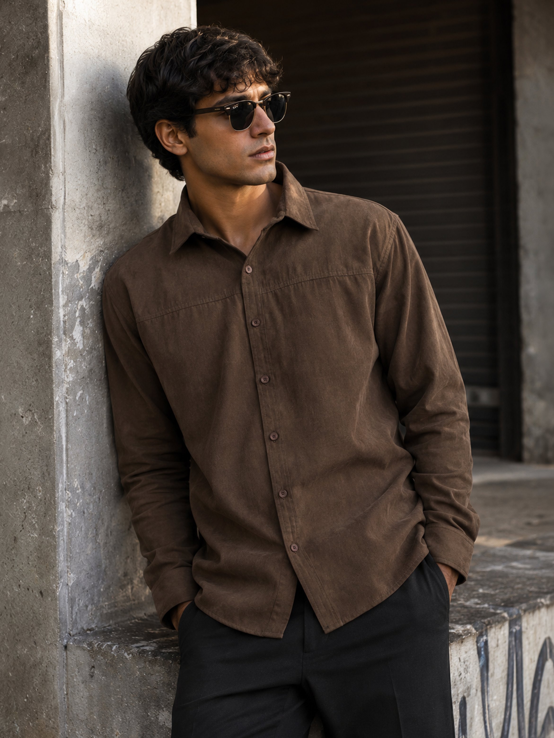 Brown Solid Long Sleeves Regular Shirt
