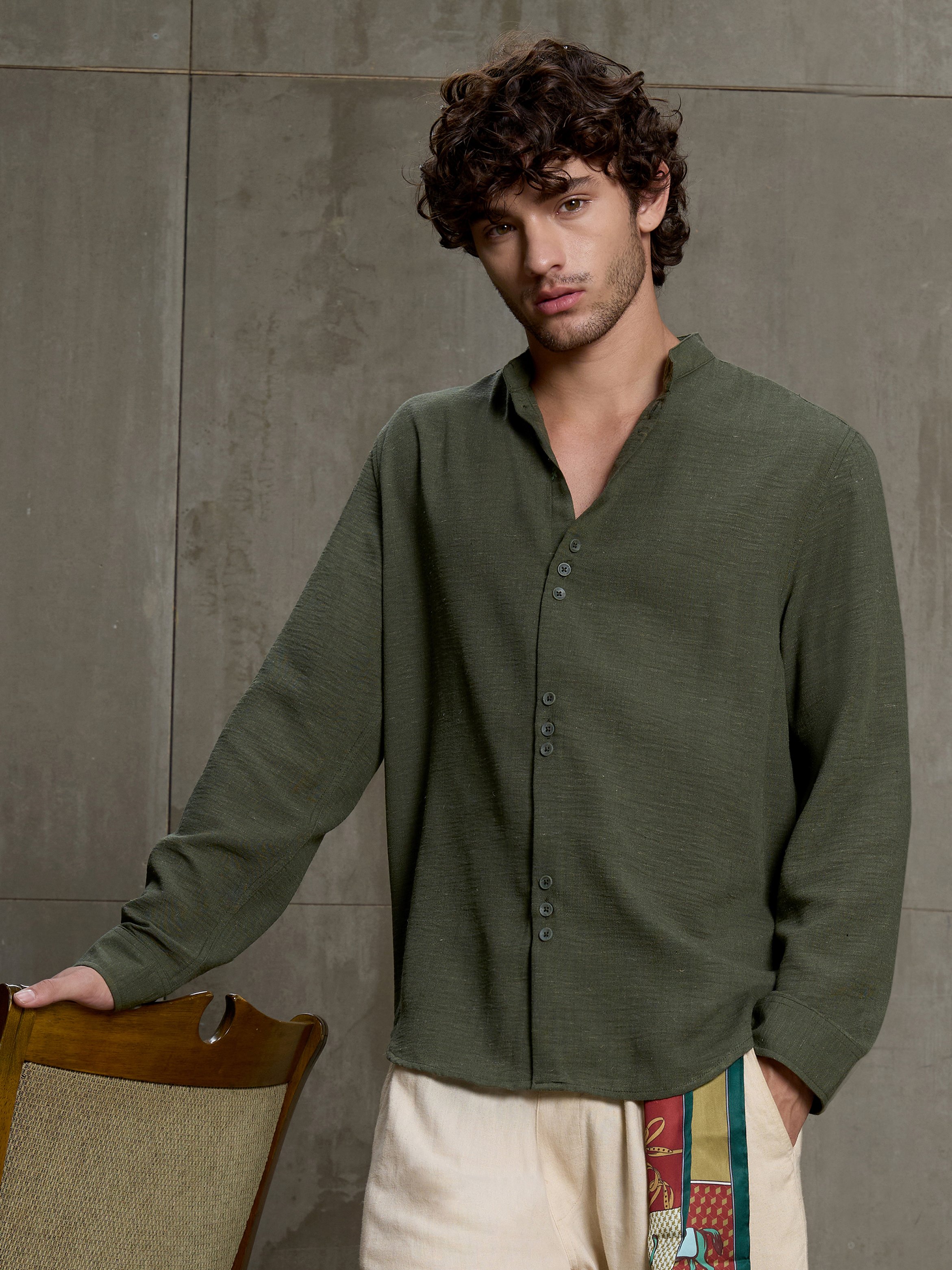 Green Solid Long Sleeves Regular Shirt