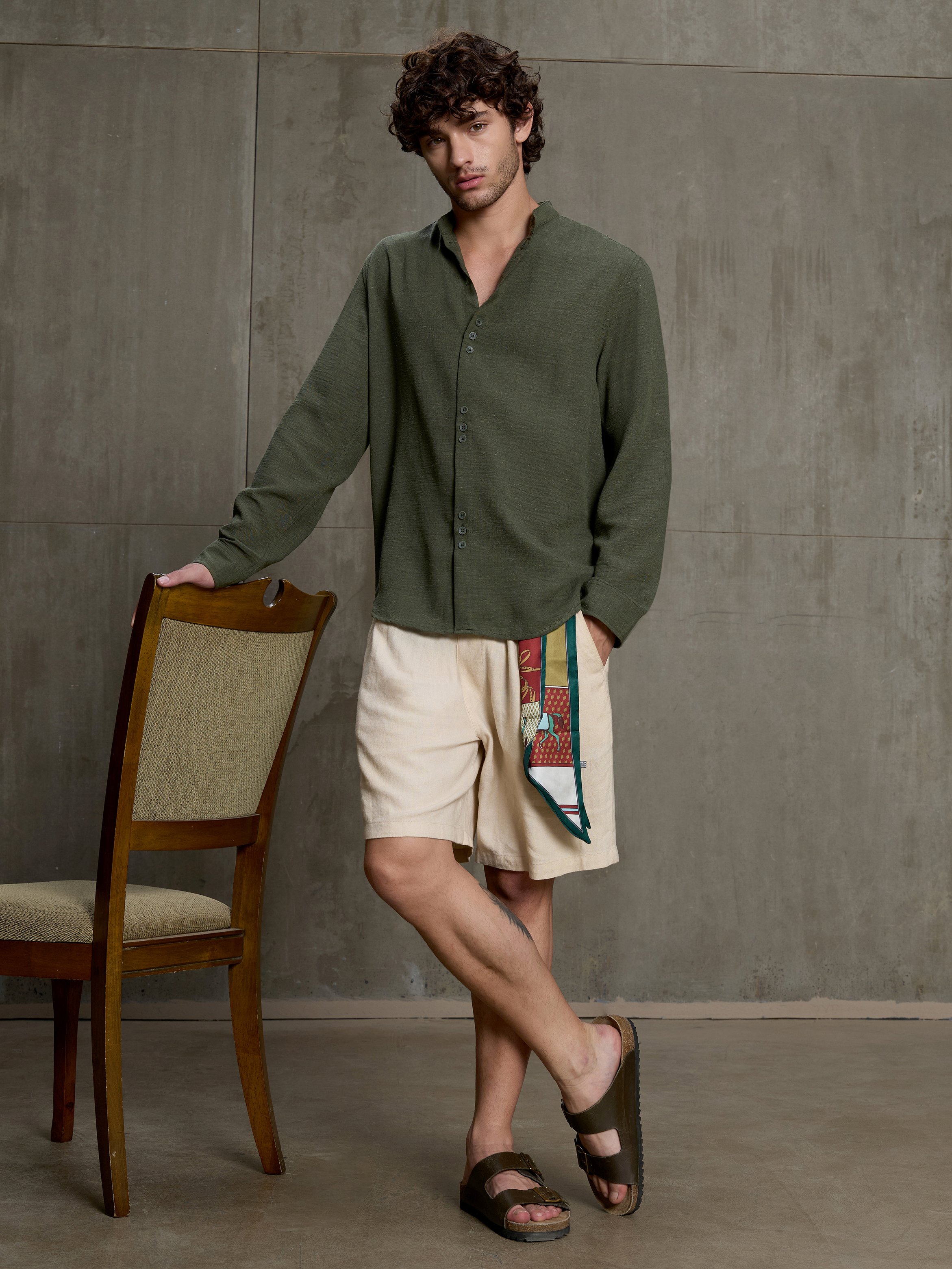 Green Solid Long Sleeves Regular Shirt