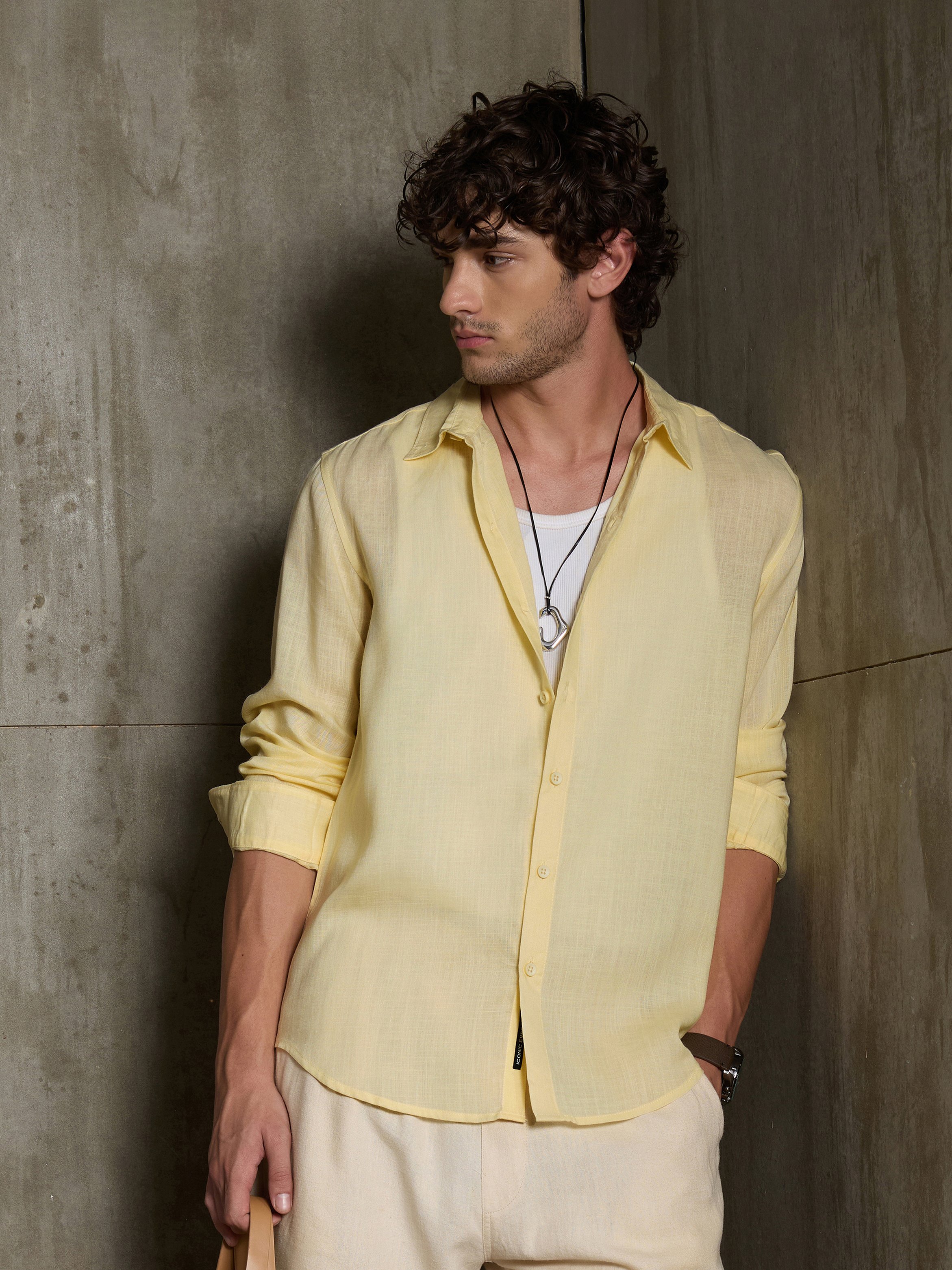 Yellow Solid Long Sleeves Regular Shirt