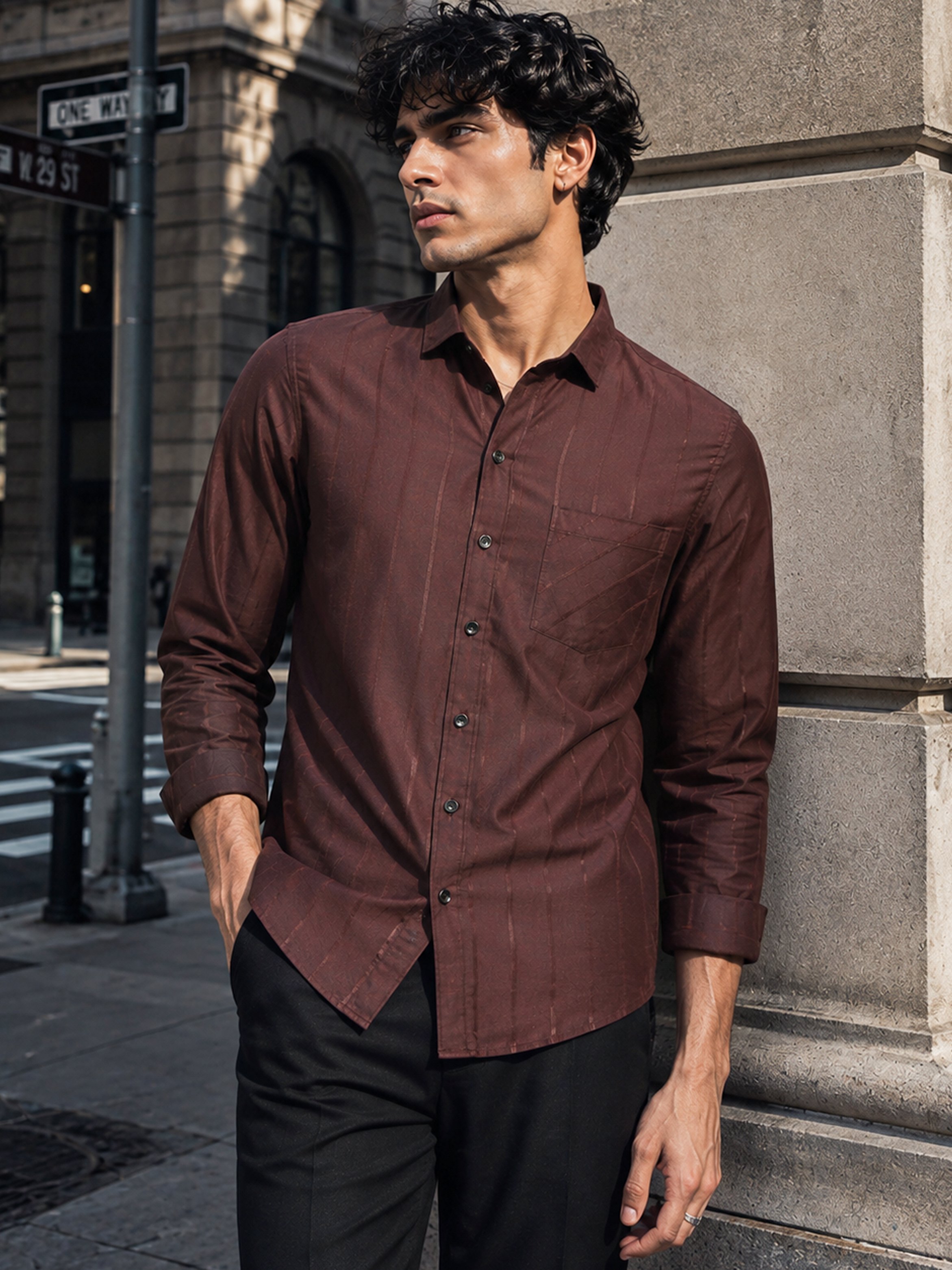 Maroon Striped Long Sleeves Regular Shirt