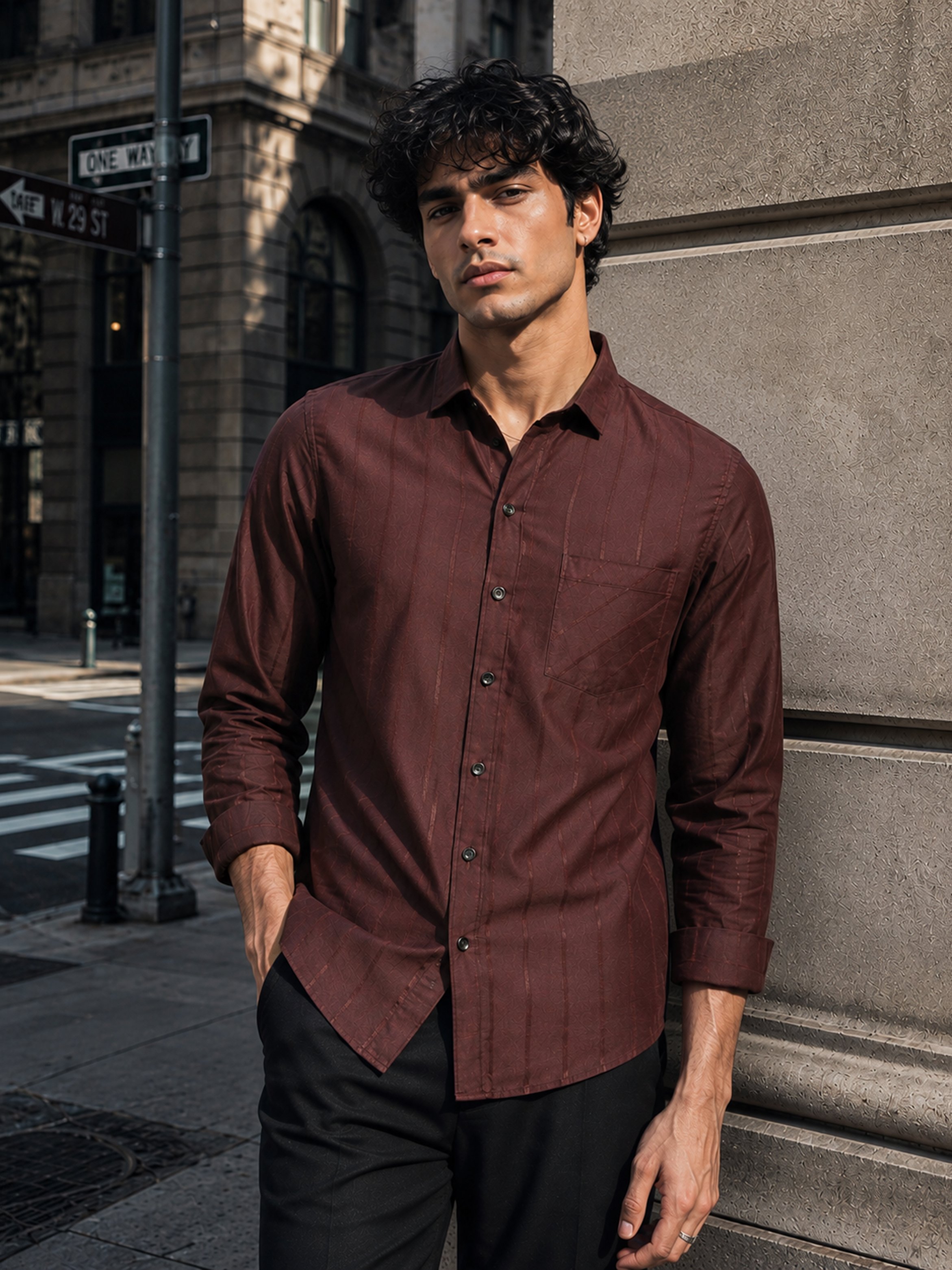 Maroon Striped Long Sleeves Regular Shirt