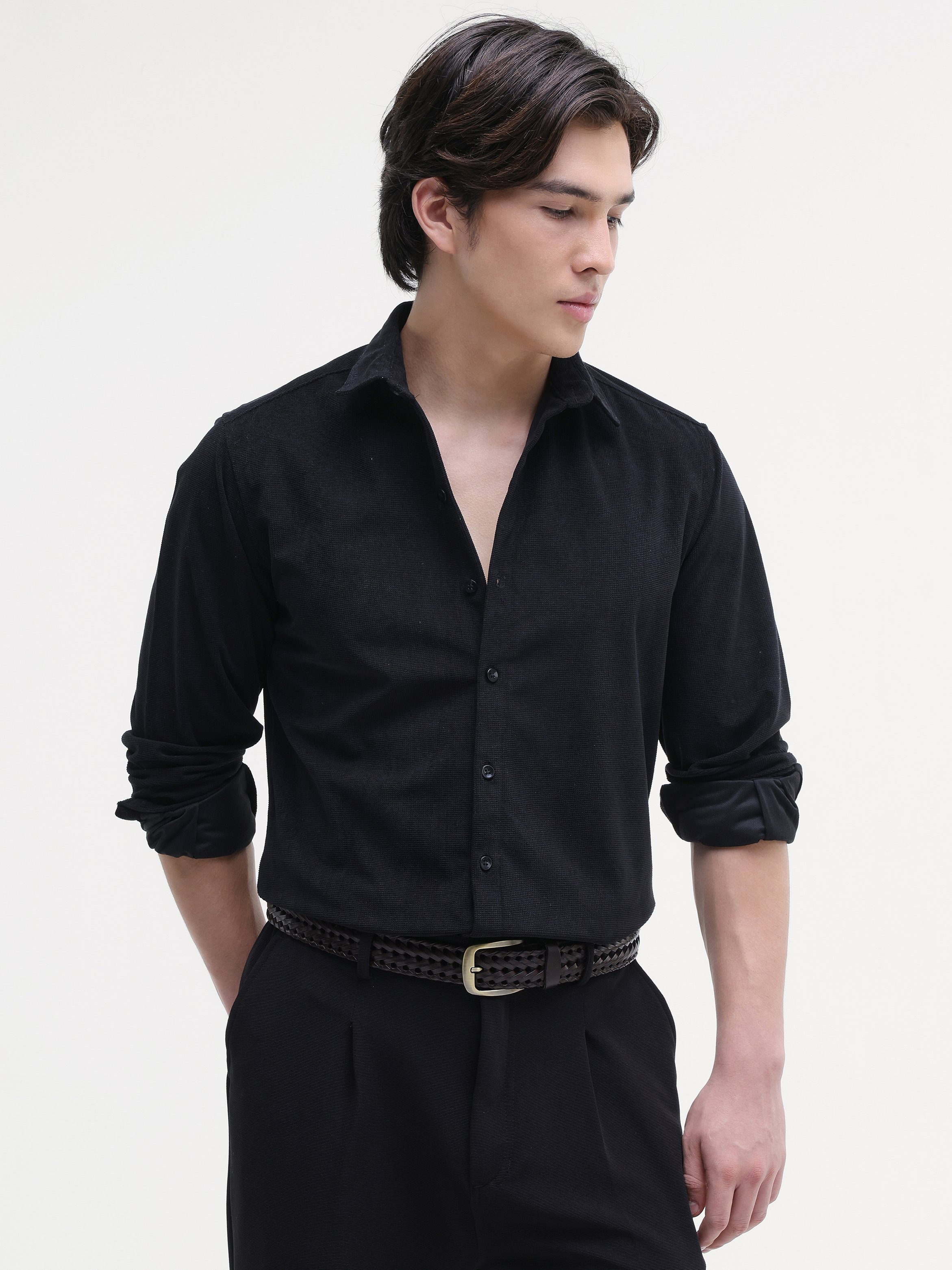 Black Solid Long Sleeves Regular Shirt