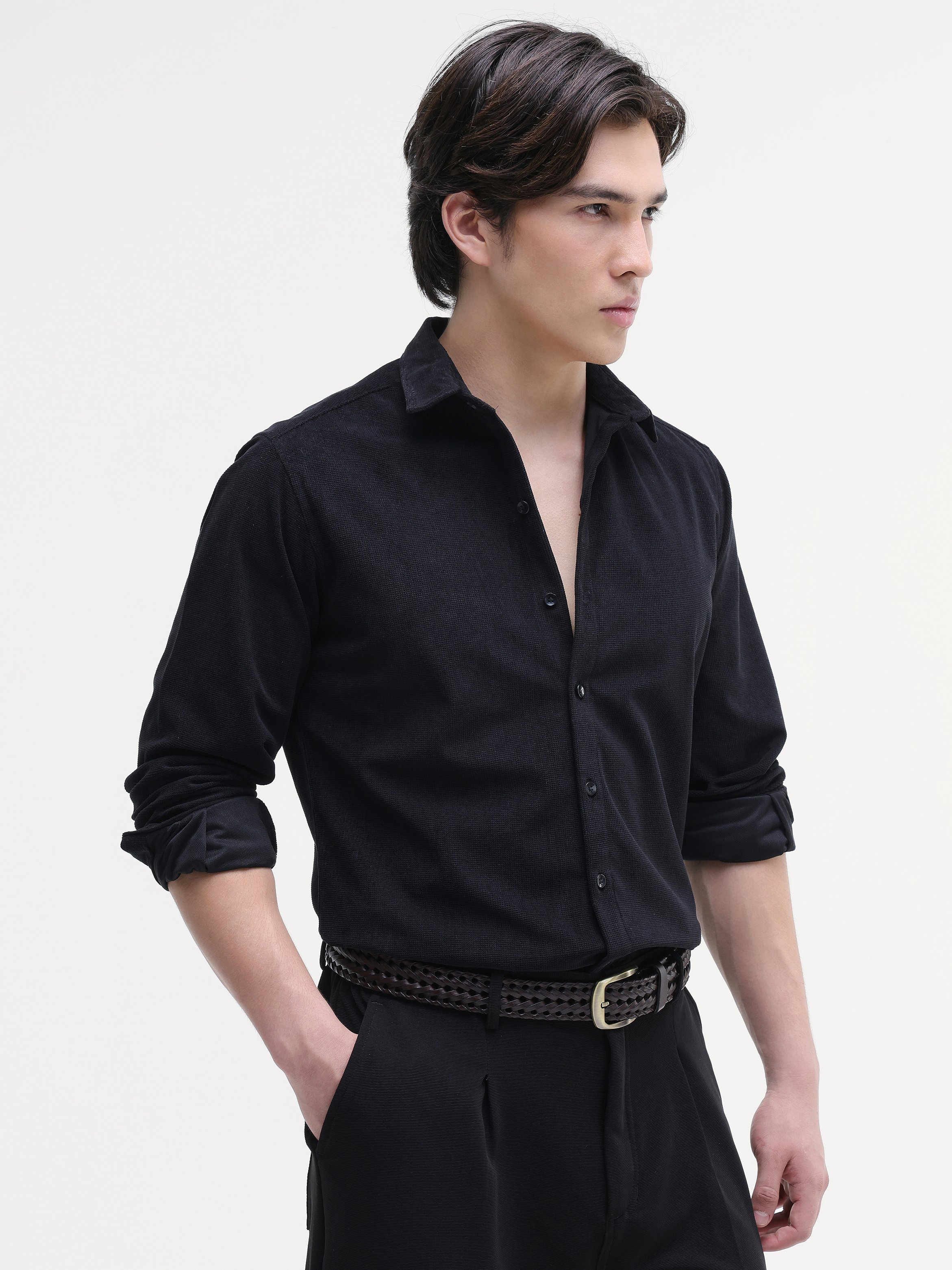 Black Solid Long Sleeves Regular Shirt