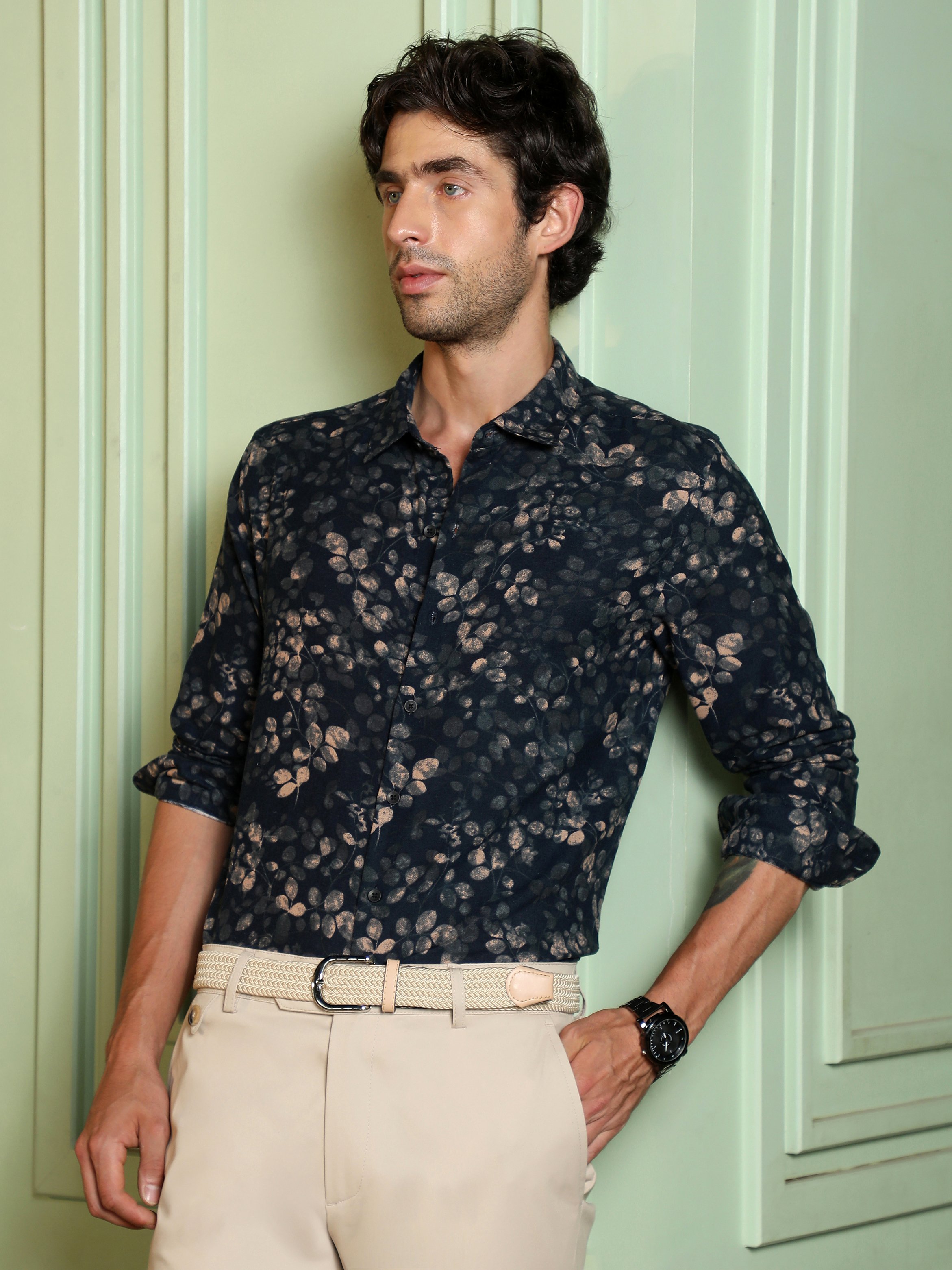 Black Floral Long Sleeves Regular Shirt