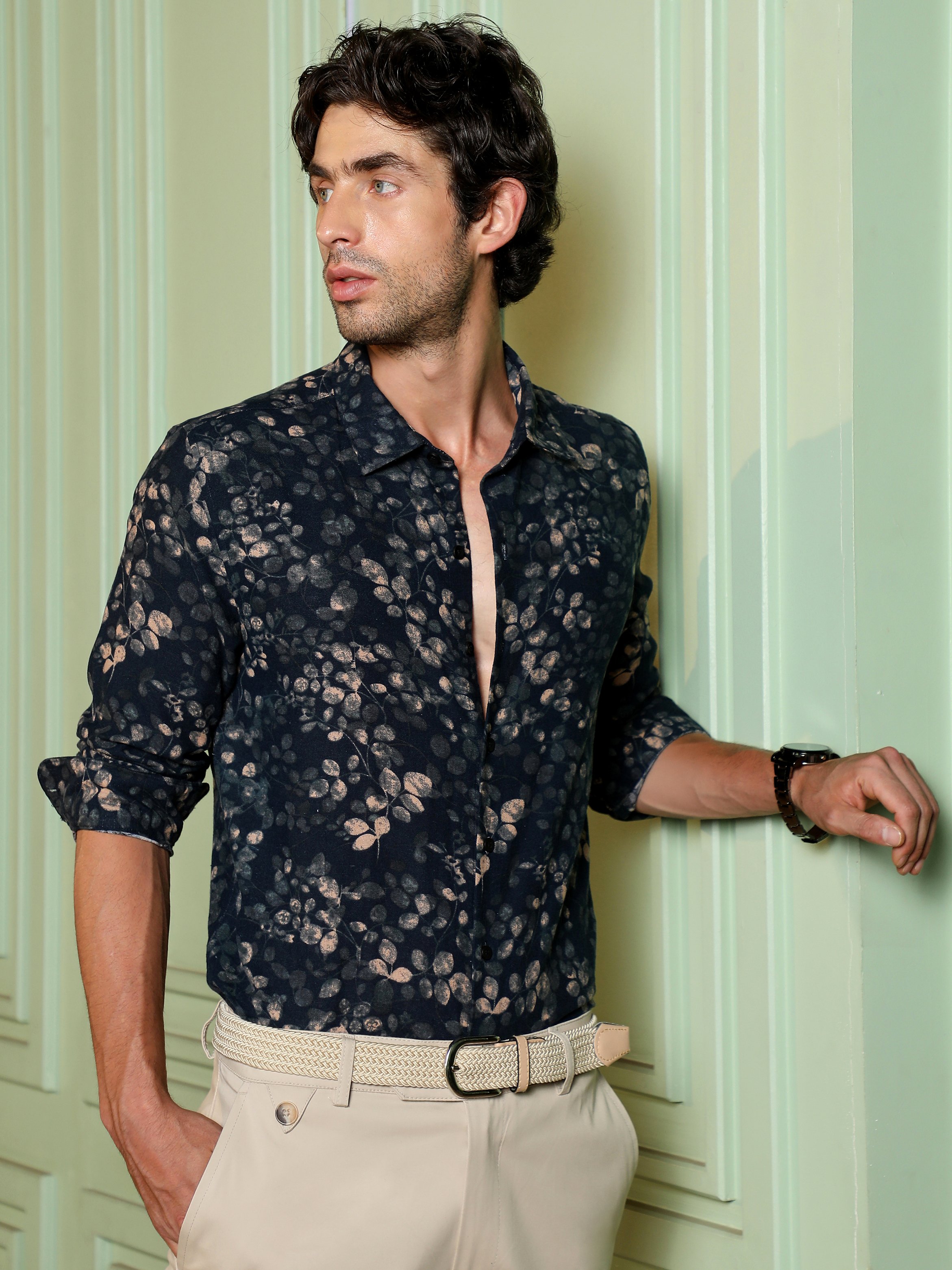 Black Floral Long Sleeves Regular Shirt