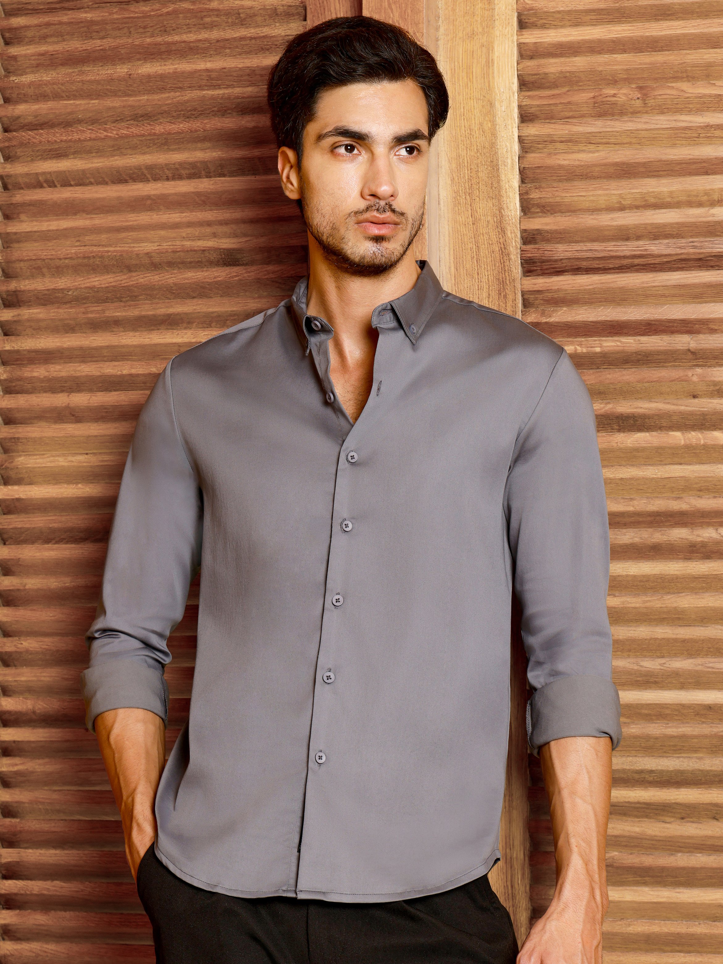 Grey Solid Long Sleeves Slim Shirt
