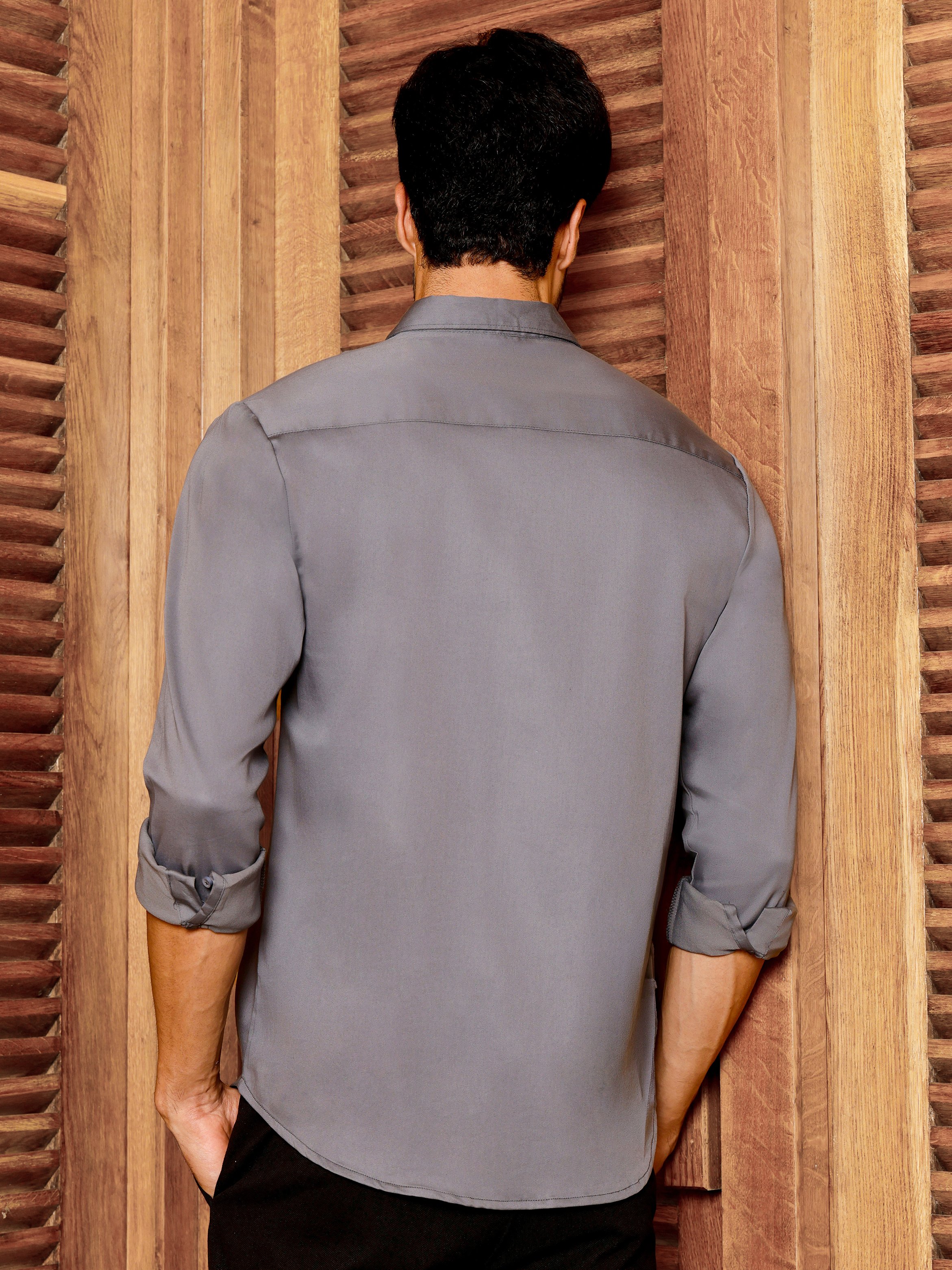 Grey Solid Long Sleeves Slim Shirt