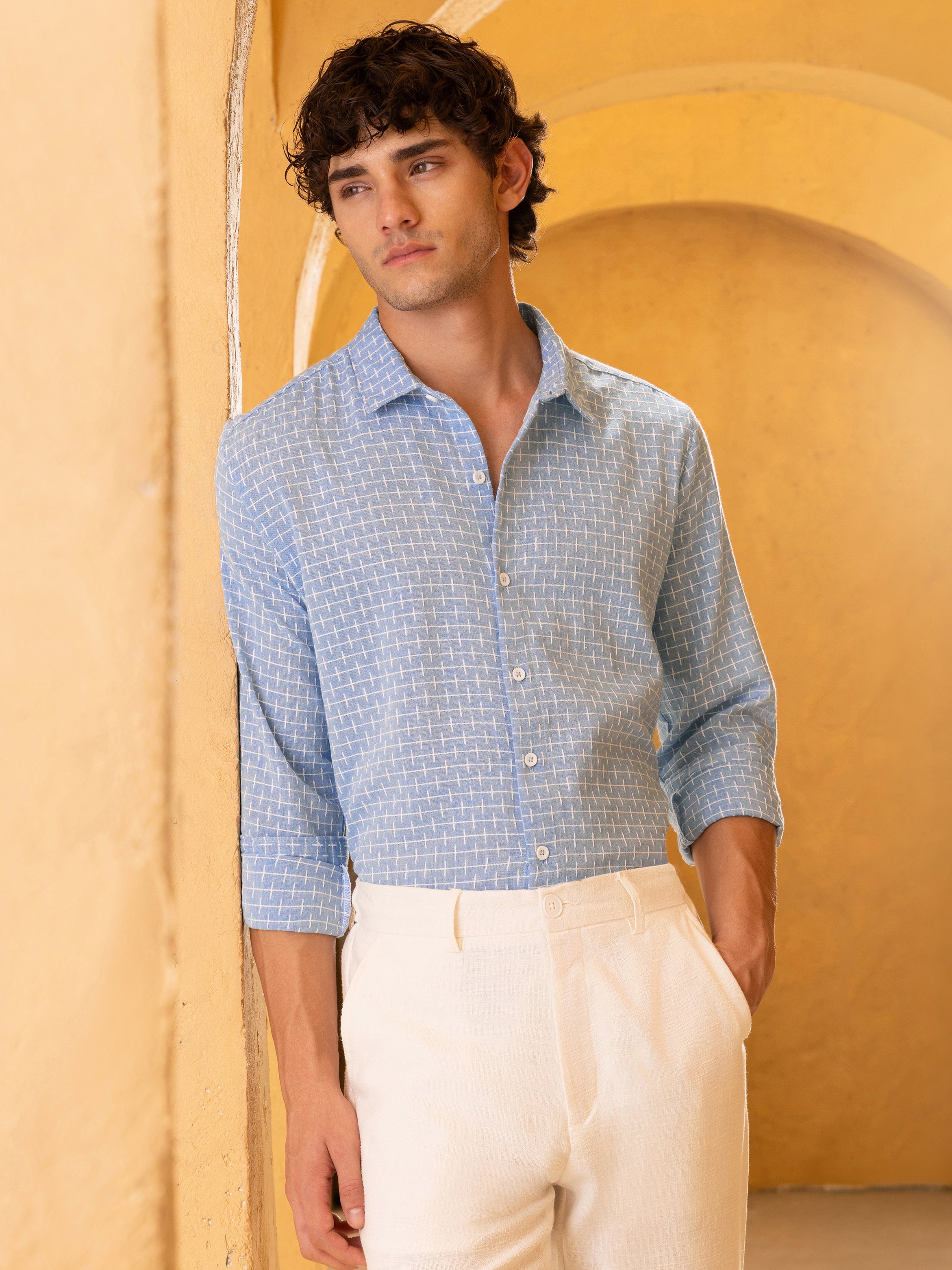 Light Blue Checked 3/4 Sleeves Regular Shirt
