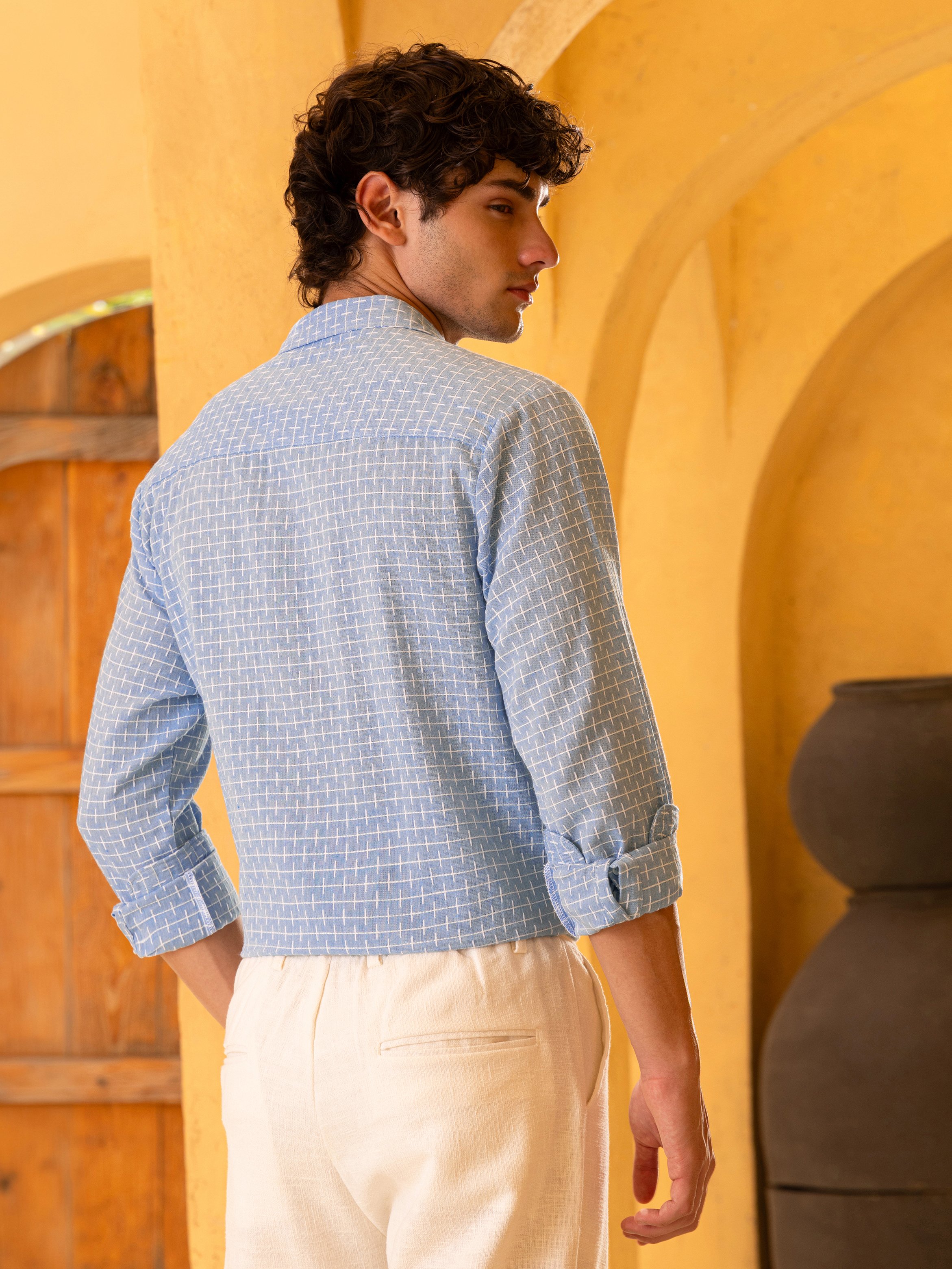 Light Blue Checked 3/4 Sleeves Regular Shirt