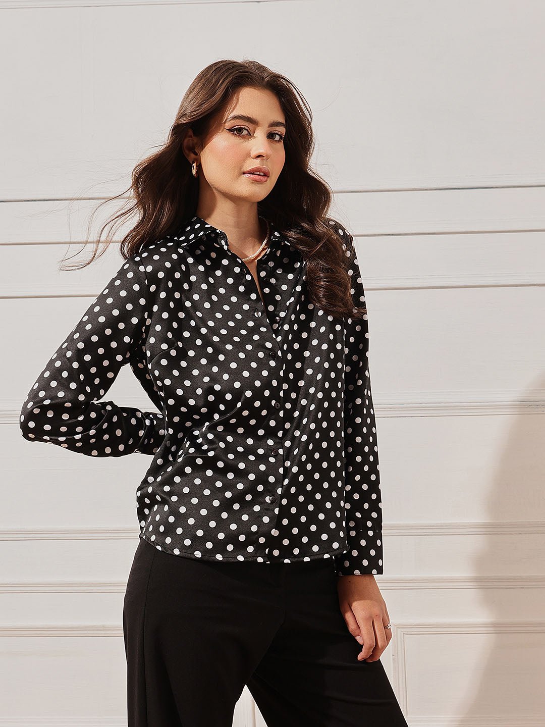Black Polka Dot Long Sleeves Regular Shirt