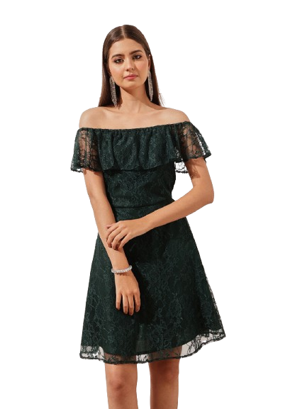Dark Green Lace Off Shoulder Neck Sheath Mini Dress