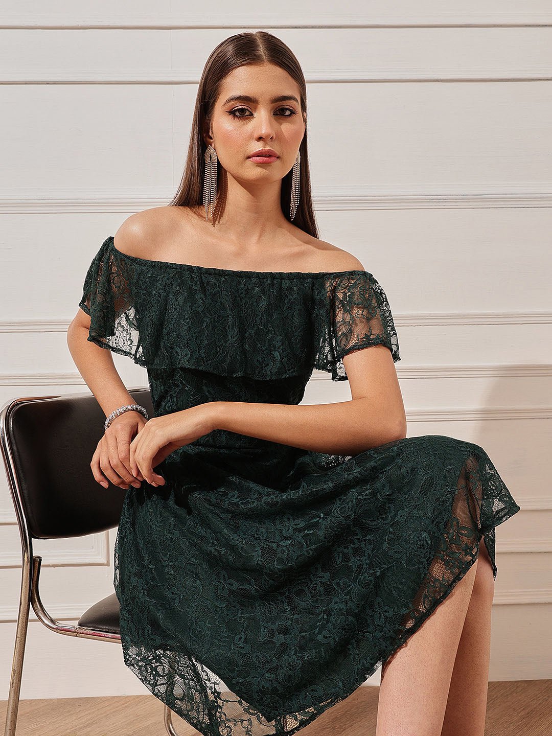 Dark Green Lace Off Shoulder Neck Sheath Mini Dress