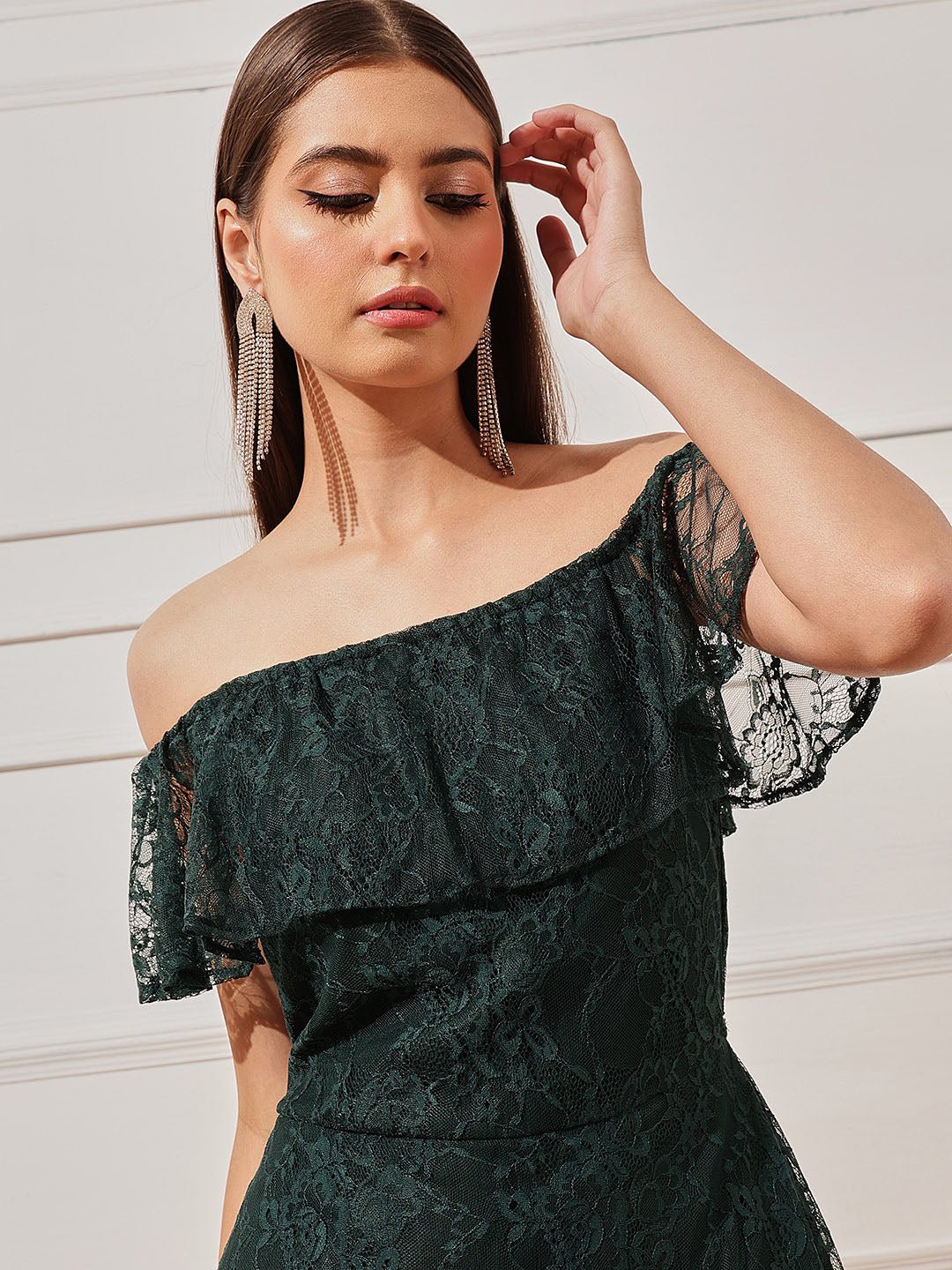 Dark Green Lace Off Shoulder Neck Sheath Mini Dress