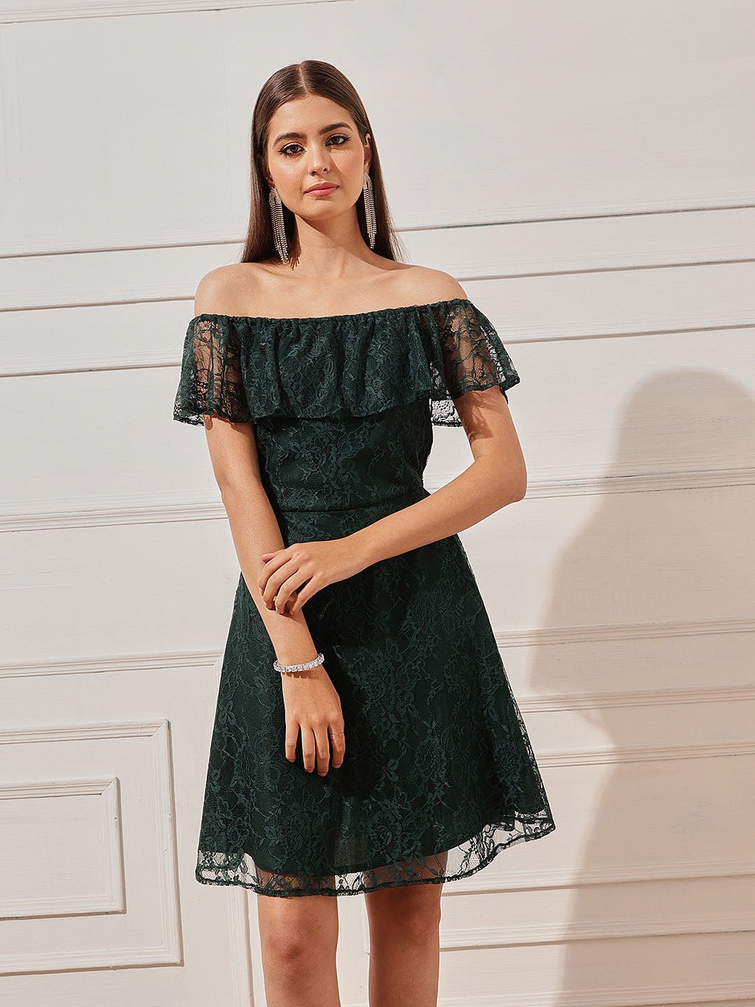 Dark Green Lace Off Shoulder Neck Sheath Mini Dress
