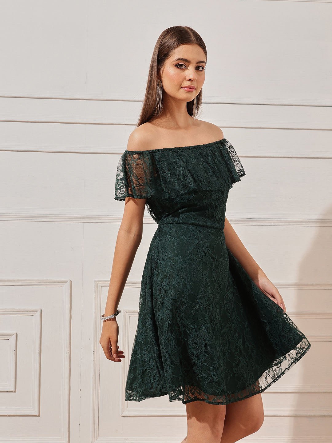 Dark Green Lace Off Shoulder Neck Sheath Mini Dress