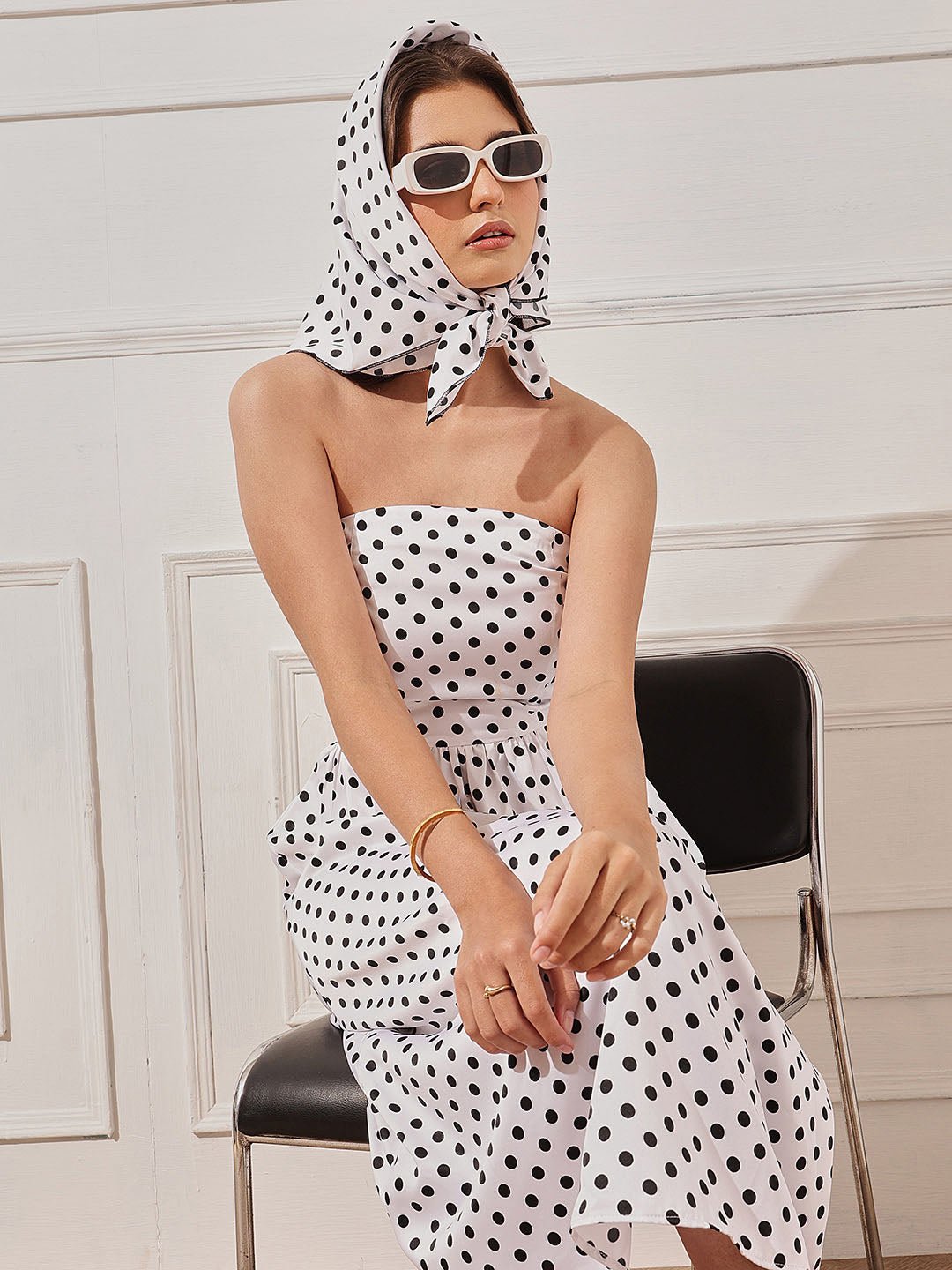 White Printed Straight Neck Fit and Flare Midi Dress
