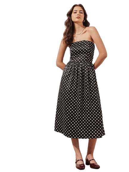 Black Polka Dot Straight Neck Fit and Flare Midi Dress