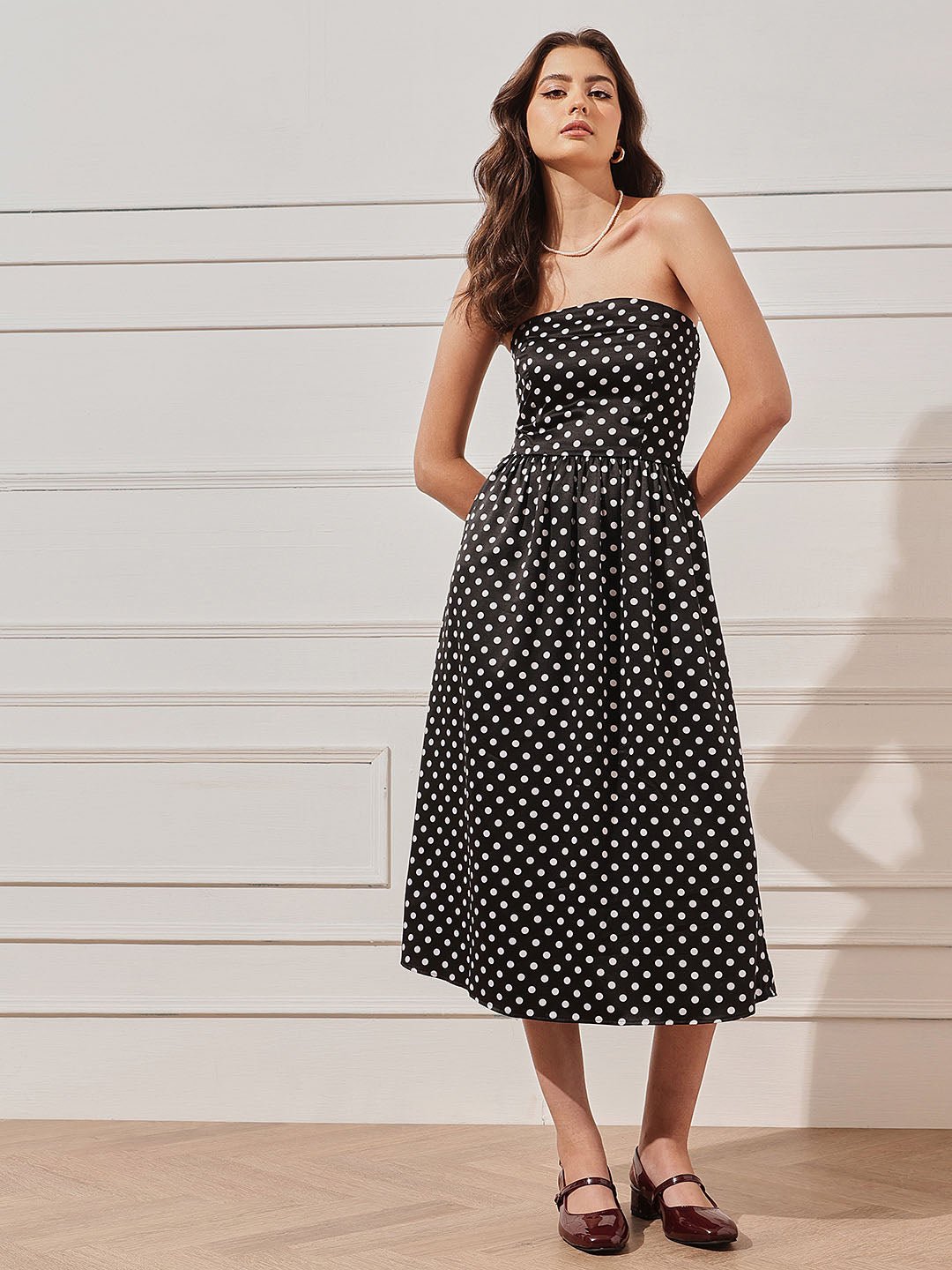 Black Polka Dot Straight Neck Fit and Flare Midi Dress