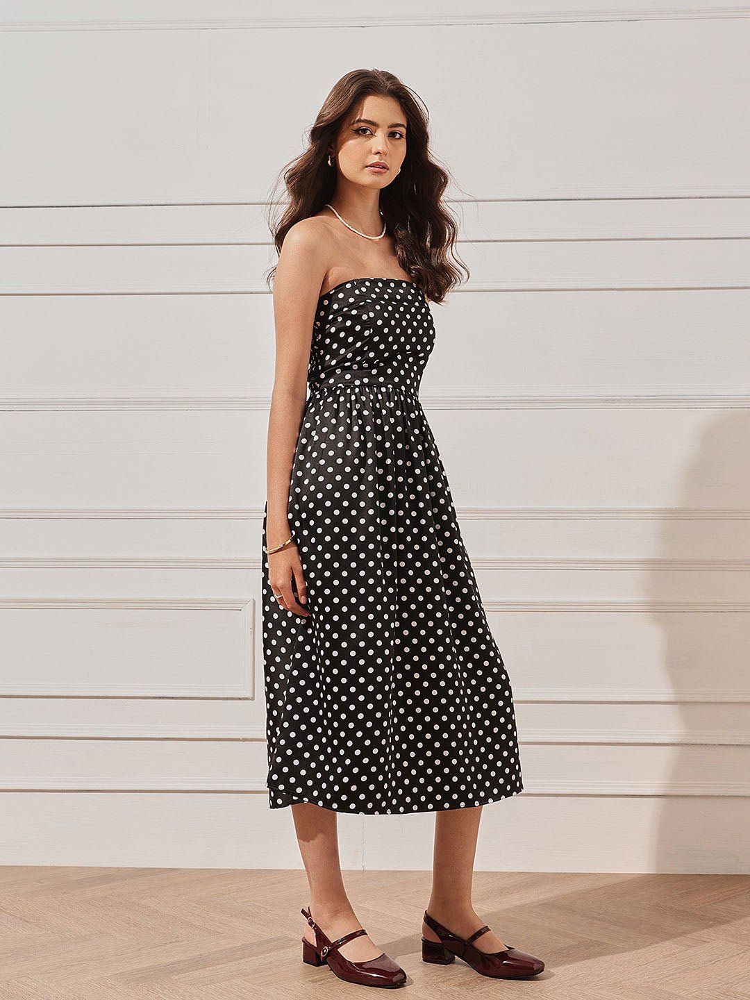 Black Polka Dot Straight Neck Fit and Flare Midi Dress