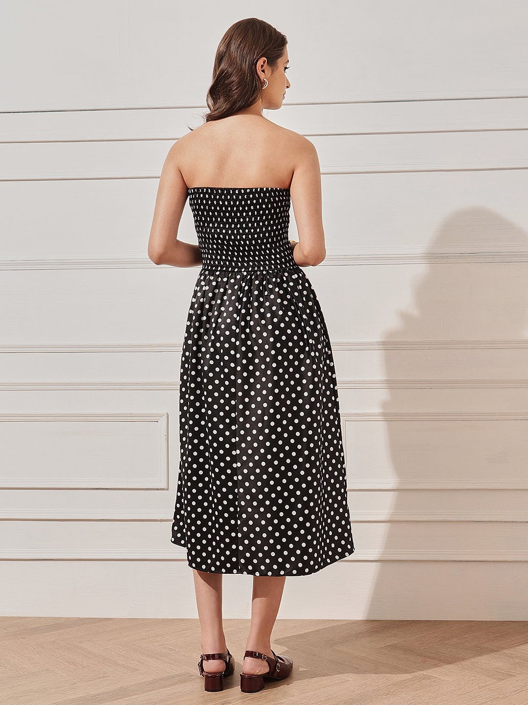 Black Polka Dot Straight Neck Fit and Flare Midi Dress
