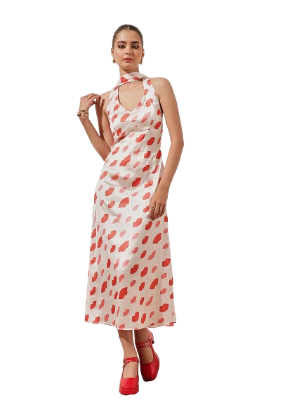 White Printed Halter Neck A-Line Midi Dress