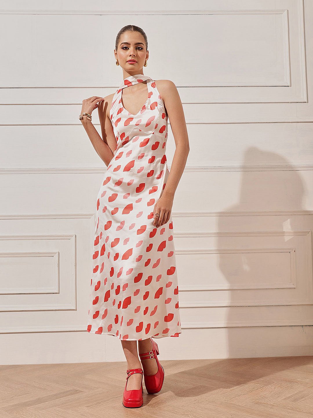 White Printed Halter Neck A-Line Midi Dress