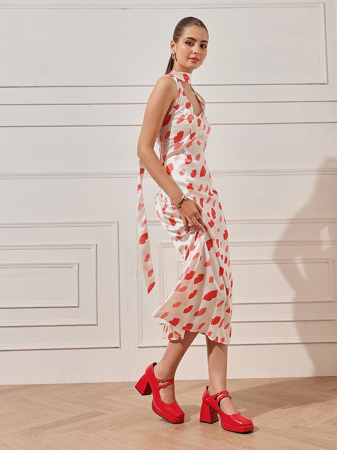 White Printed Halter Neck A-Line Midi Dress