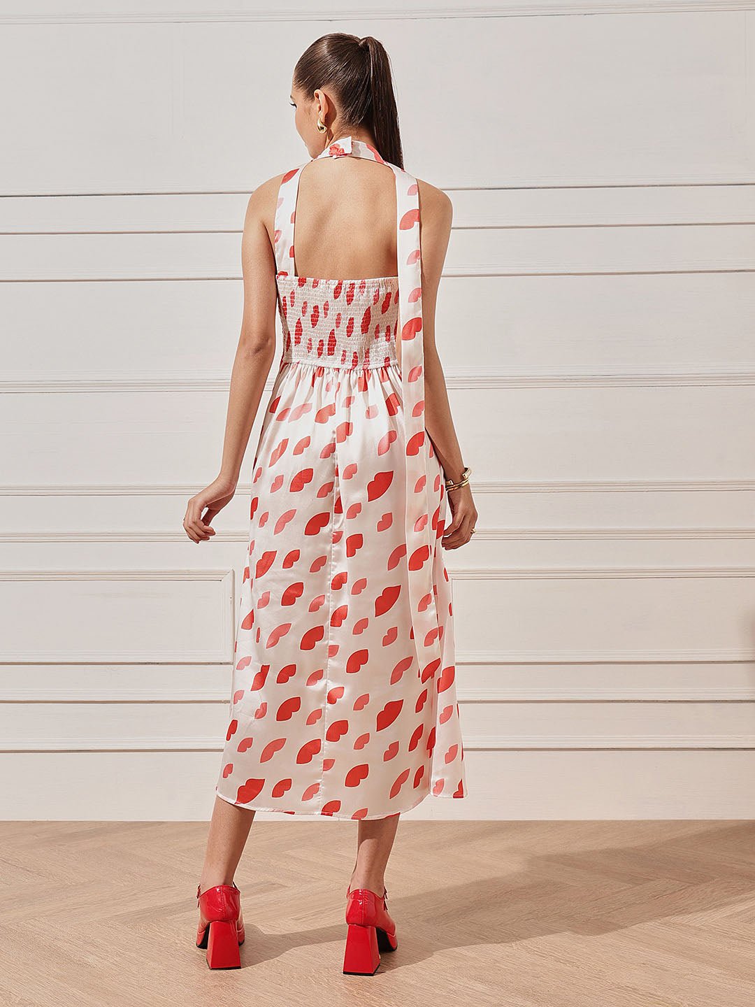 White Printed Halter Neck A-Line Midi Dress