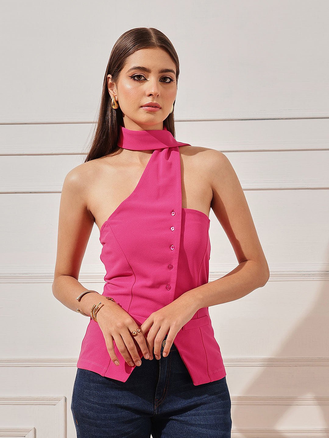Pink Solid Halter Neck Top