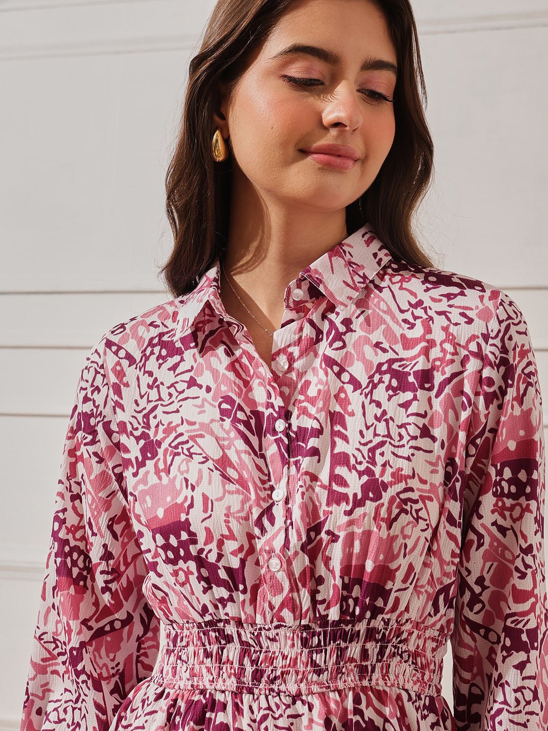 Pink Printed Collared Shirt Mini Dress