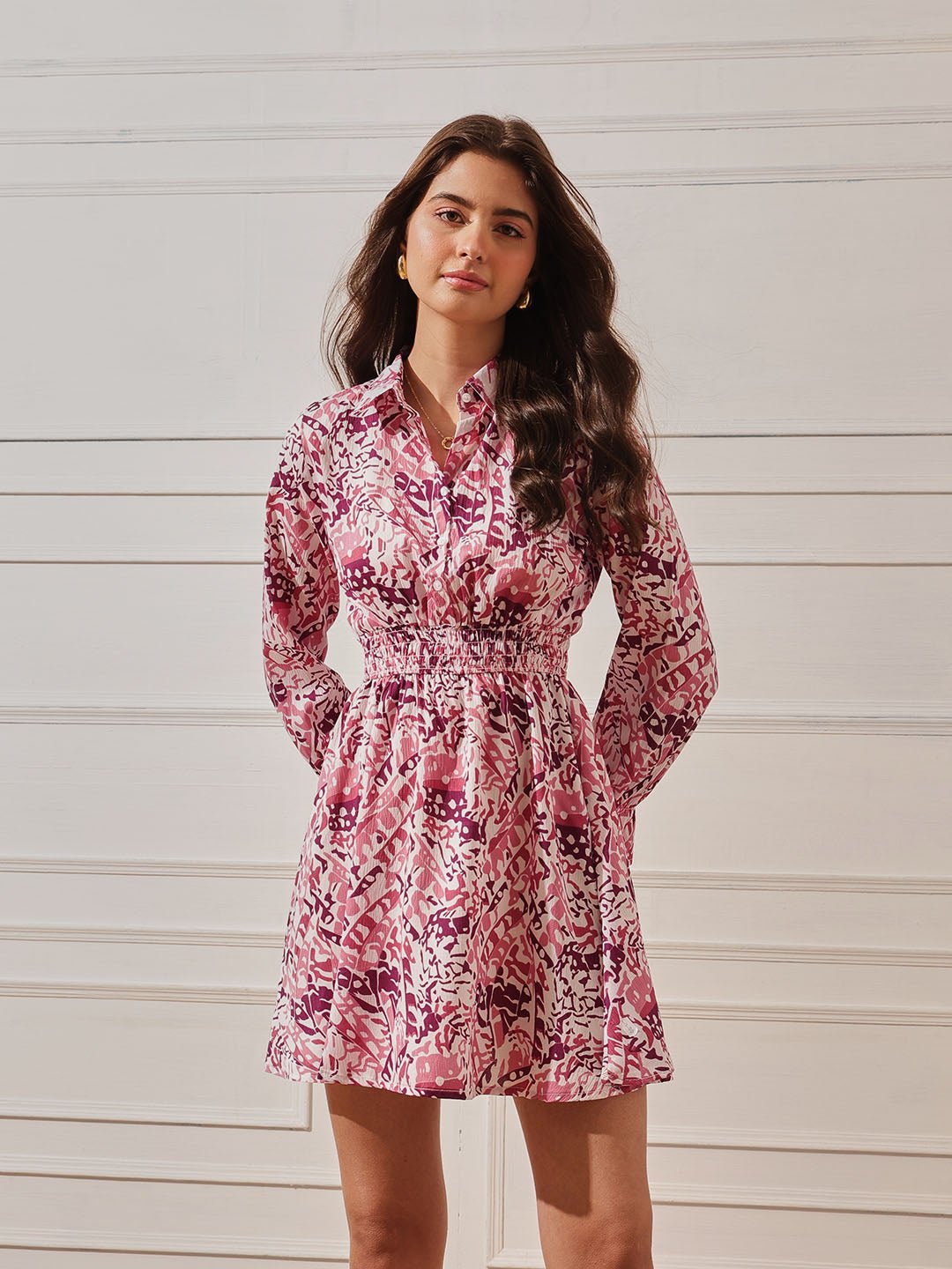 Pink Printed Collared Shirt Mini Dress