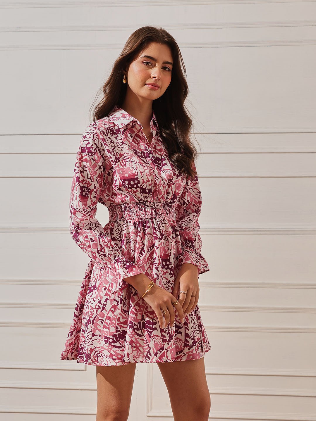 Pink Printed Collared Shirt Mini Dress