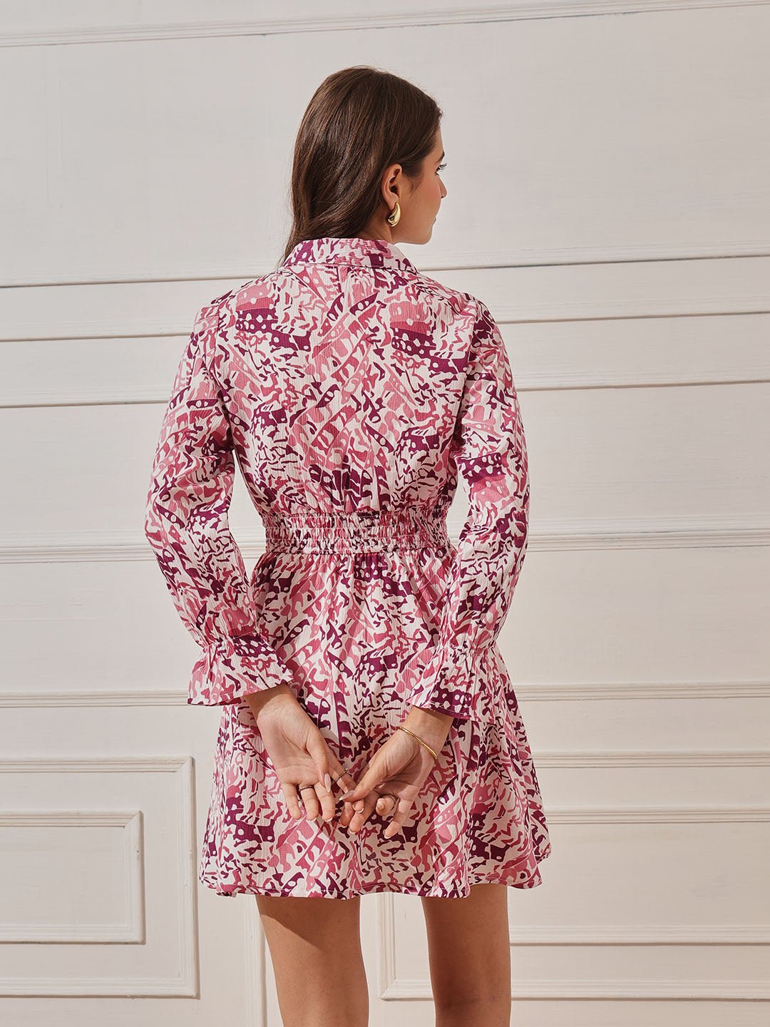 Pink Printed Collared Shirt Mini Dress