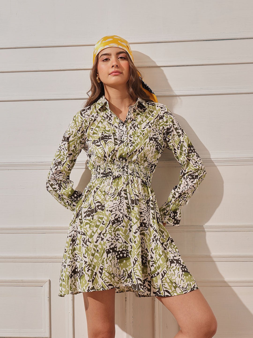 Green Printed Collared Shirt Mini Dress