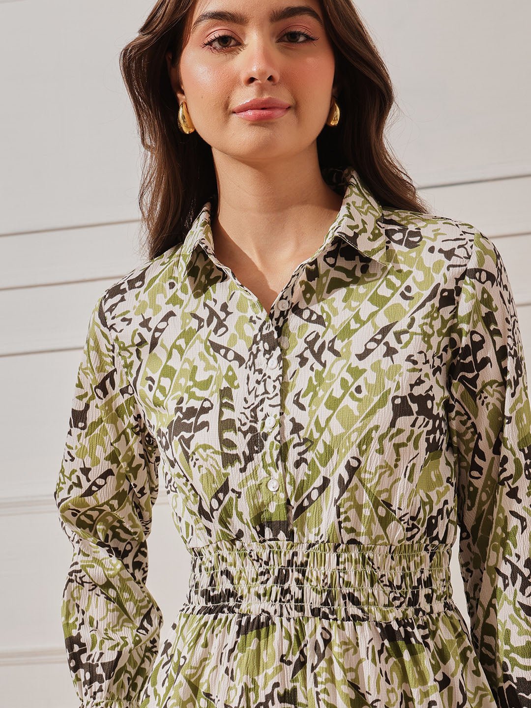 Green Printed Collared Shirt Mini Dress